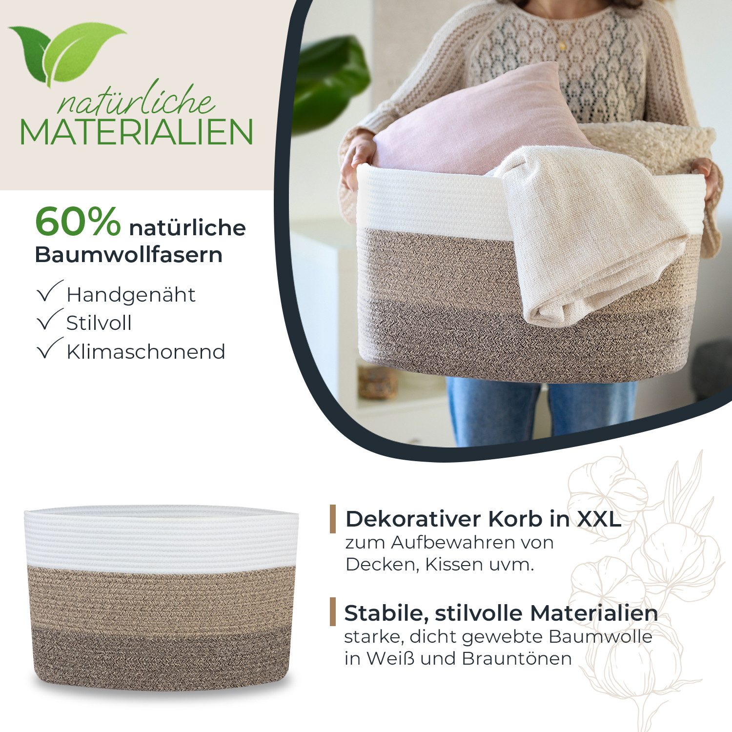 HMF Aufbewahrungskorb XXL Wäschekorb aus Baumwolle, 71 Liter, rechteckiger Aufbewahrungskorb mit Griffen, 55 x 43 x 30 cm Weiß-Braun