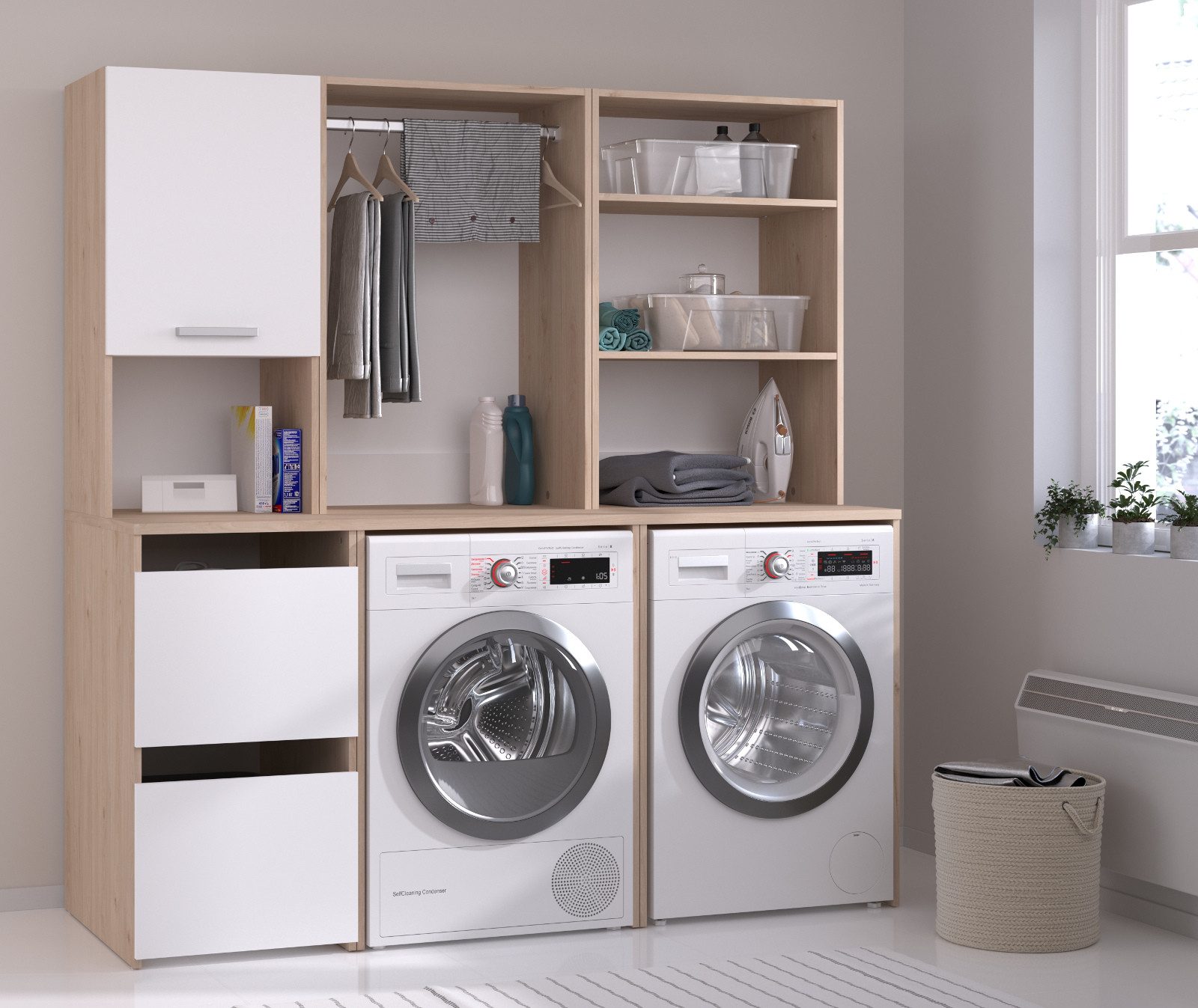 Parisot Waschmaschinenumbauschrank Laundry (Set mit 2x Umbauschrank und Hochschrank, weiß und Eiche Dekor, Breite 175 cm) mit viel Stauraum – Bild 2 von 5