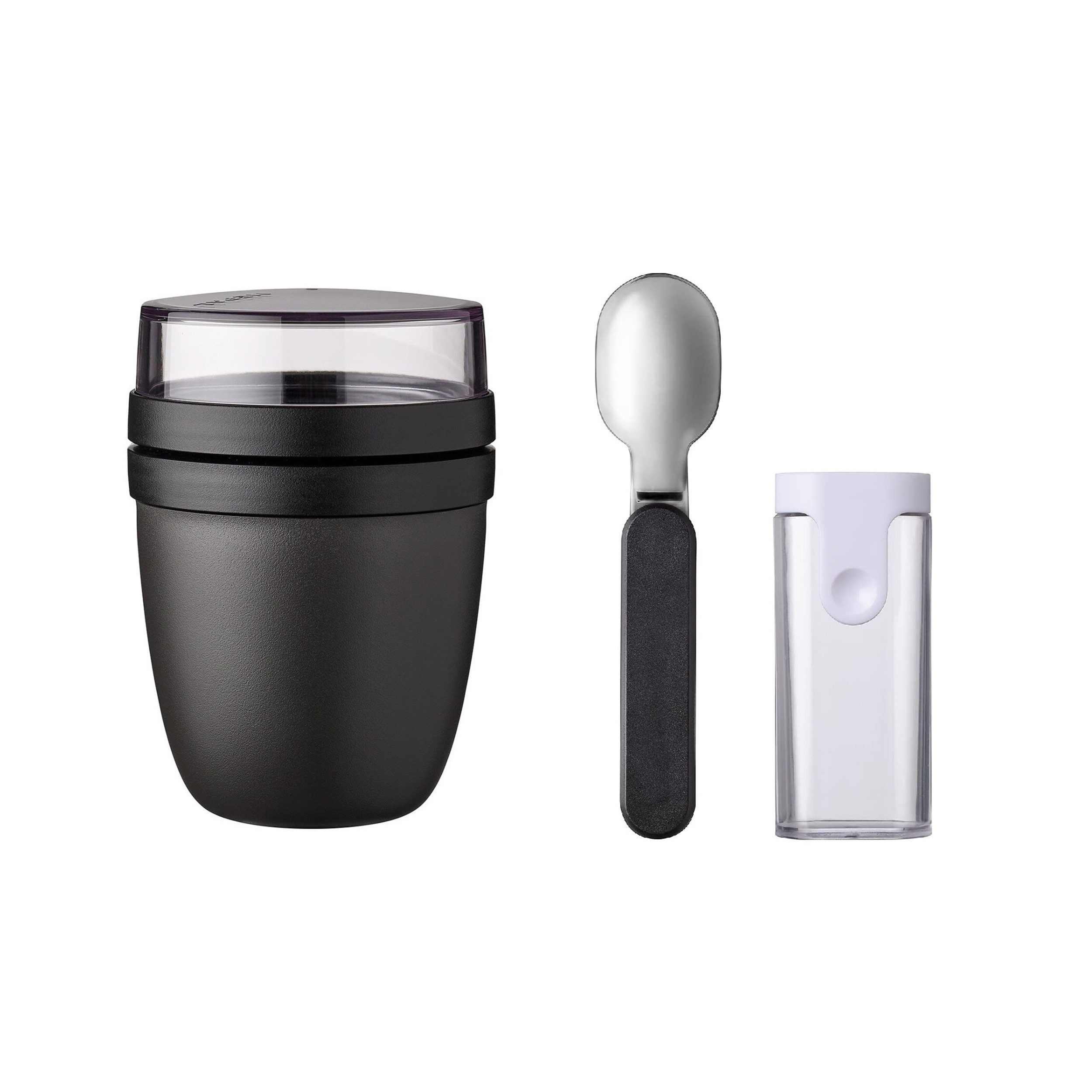Mepal Lunchbox Klapplöffel Set mit Lunchpot Mini Ellipse, Nordic Black, Müslibecher, Polypropylen (PP), PCTG, Unterteilung für Joghurt & Müsli, spülmaschinengeeignet