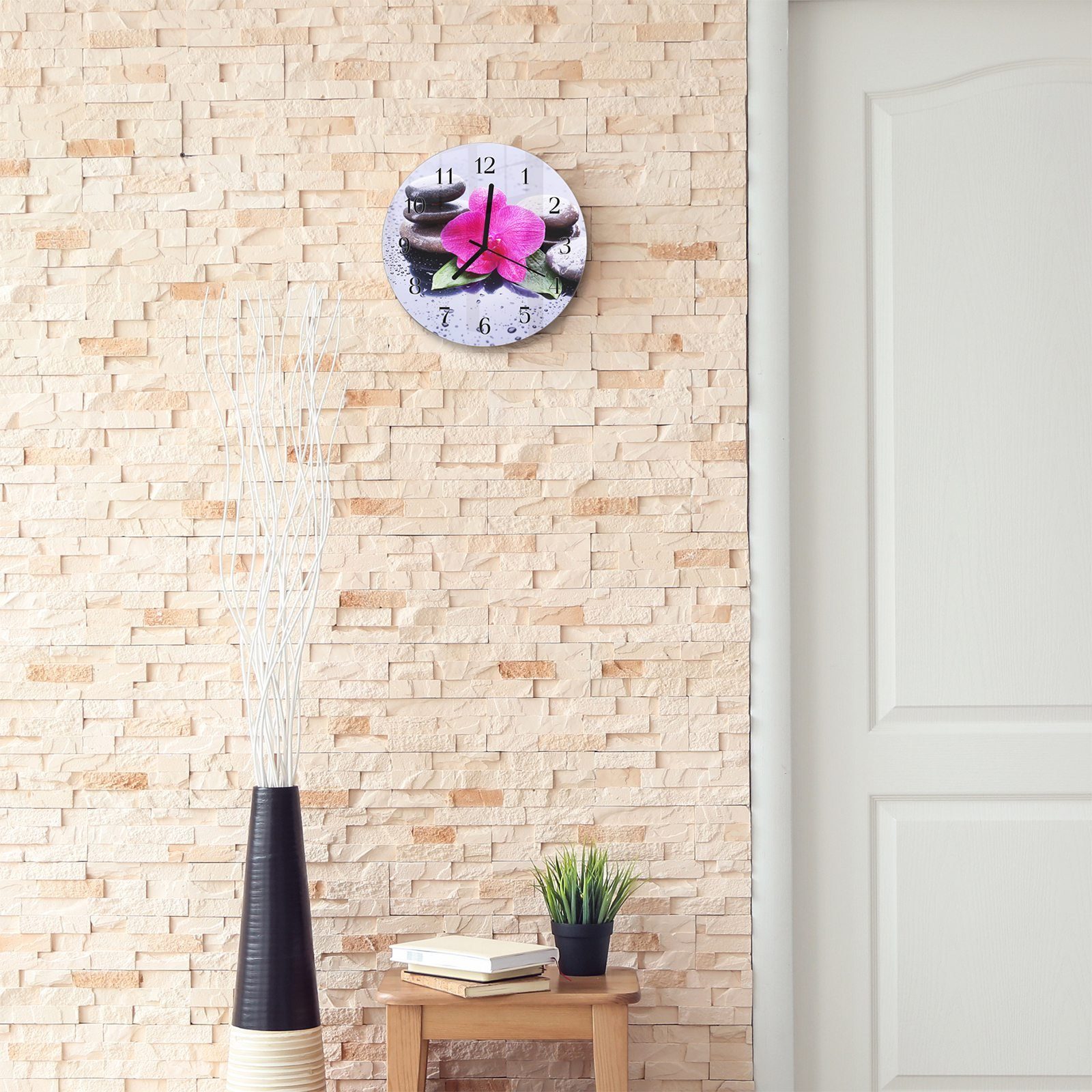 Primedeco Wanduhr und Orchidee mit mit Rund Wassertropfen aus Wanduhr Glas 30 cm mit Durchmesser Quarzuhrwerk Motiv 