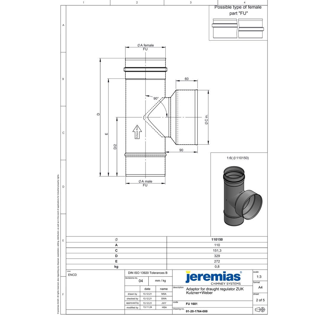 Jeremias Schornstein EW-FU Zugregler-Anschl. rnd., Jeremias ZUK, Ø 120 / 130 mm, Ø 130120 mm