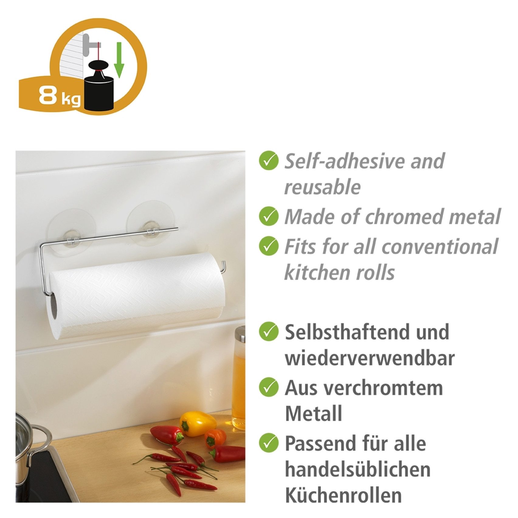 WENKO Wandrollenhalter Modell Static-Loc®, Küchenrollenhalter aus verchromtem Metall, Befestigen ohne Bohren
