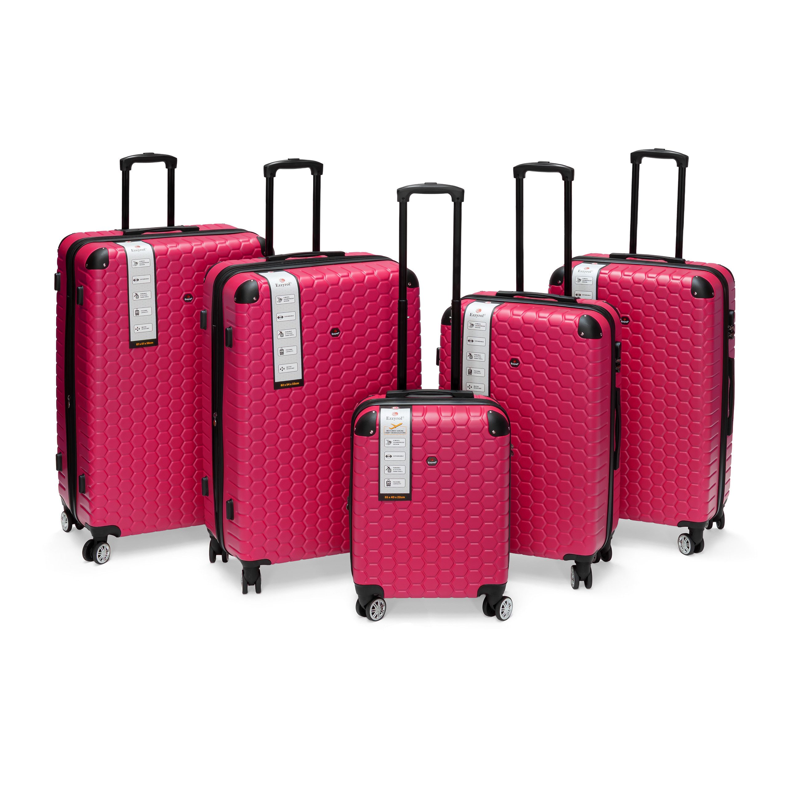 Ezzyrol® Kofferset Hartschalen-Trolley Reisekoffer Set, Koffer S-M-L-XL-XXL, 4 Rollen, (5 tlg), robuste ABS-Schale – stabil, leicht & ideal für Familienurlaub