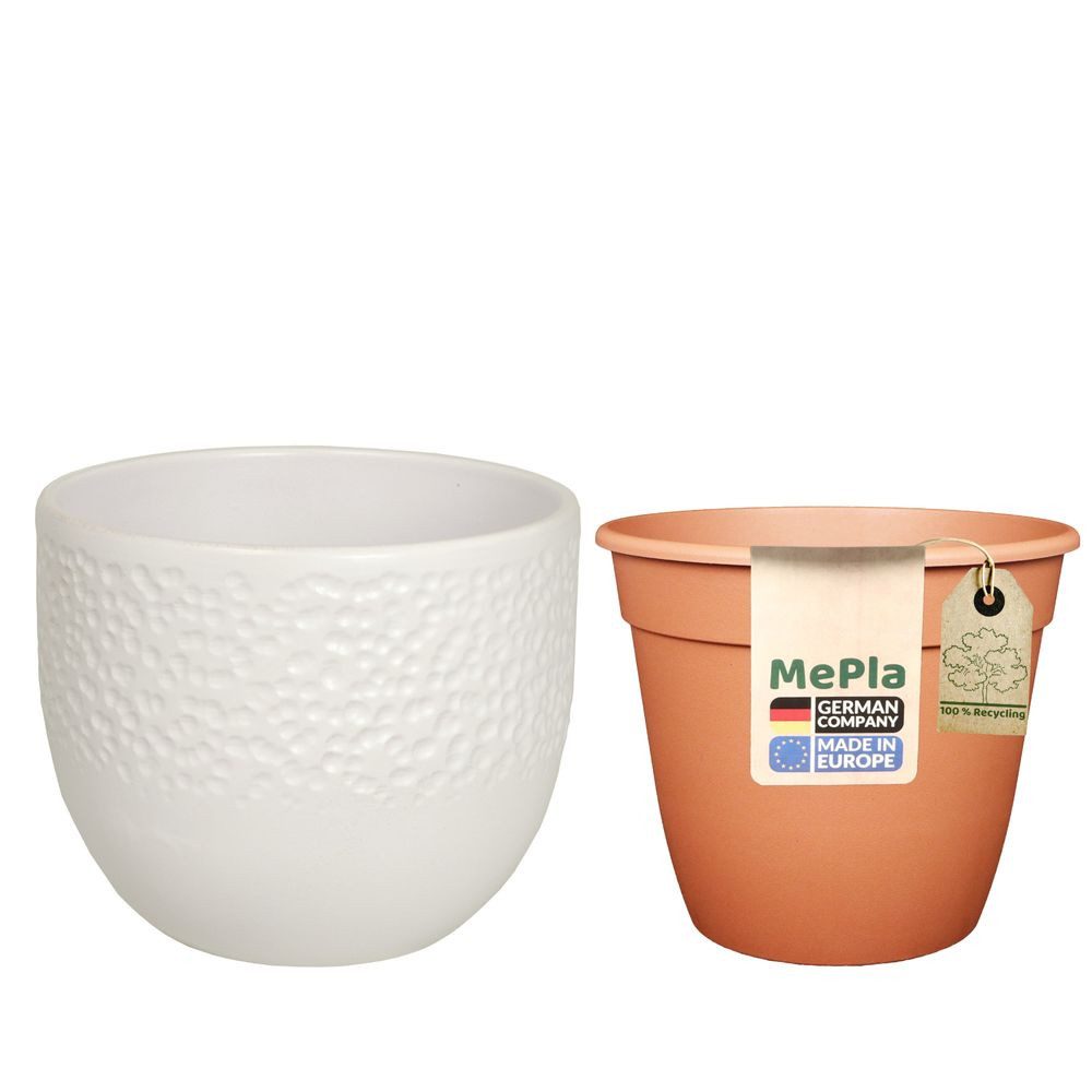 Heimwerkercenter Übertopf MePla - Set - Übertopf 536 Dots ø12 - Weiss-matt + Pflanztopf ø10
