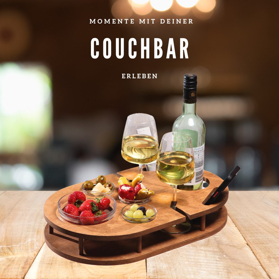 PEGSEN Servier-Set Weinbar Couchbar mit 4 Glasschalen, Birkenholz, Weingläser & Snacks stehen stabil und sicher