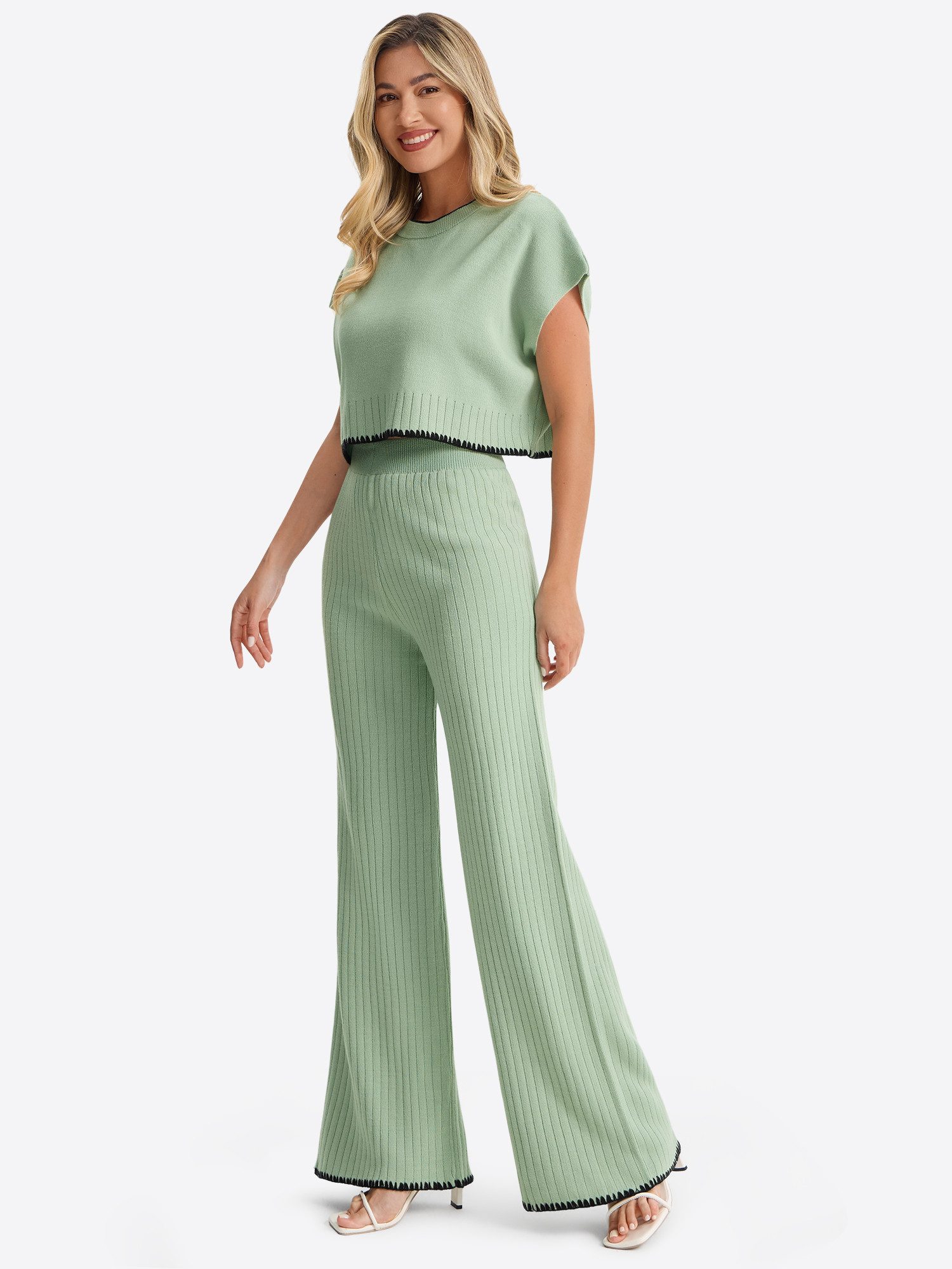 Imily Bela Hausanzug Damen 2-teiliges Strick-Set mit Kontrastbesatz (Set, 2 tlg., Rippstrick-Oberteil + Palazzo-Hose) mit KontrastpaspelDetails