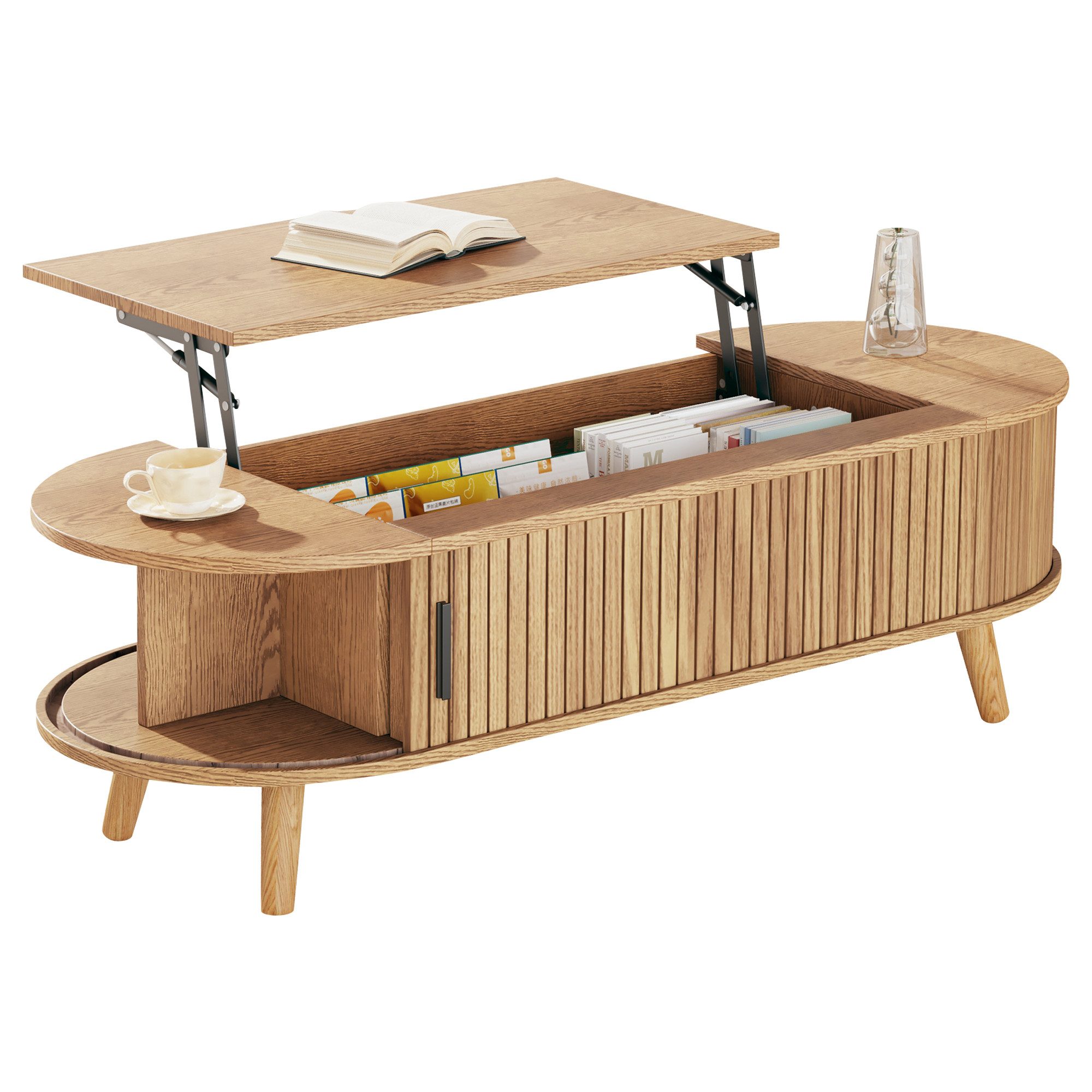Merax Couchtisch anhebbarer Sofatisch mit Liftfunktion im Walnuss-Design (1-St., 120x50x39,5cm), Wohnzimmertisch mit verstecktem Stauraum, 5 Ablagefächern & Holzbeinen