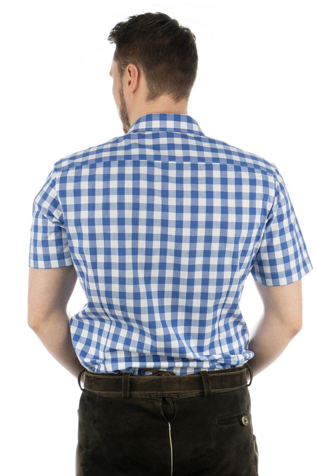 Hirsch-Stickerei mit Kurzarmhemd aufgesetzter mittelblau Trachtenhemd Iluvu Brusttasche mit OS-Trachten