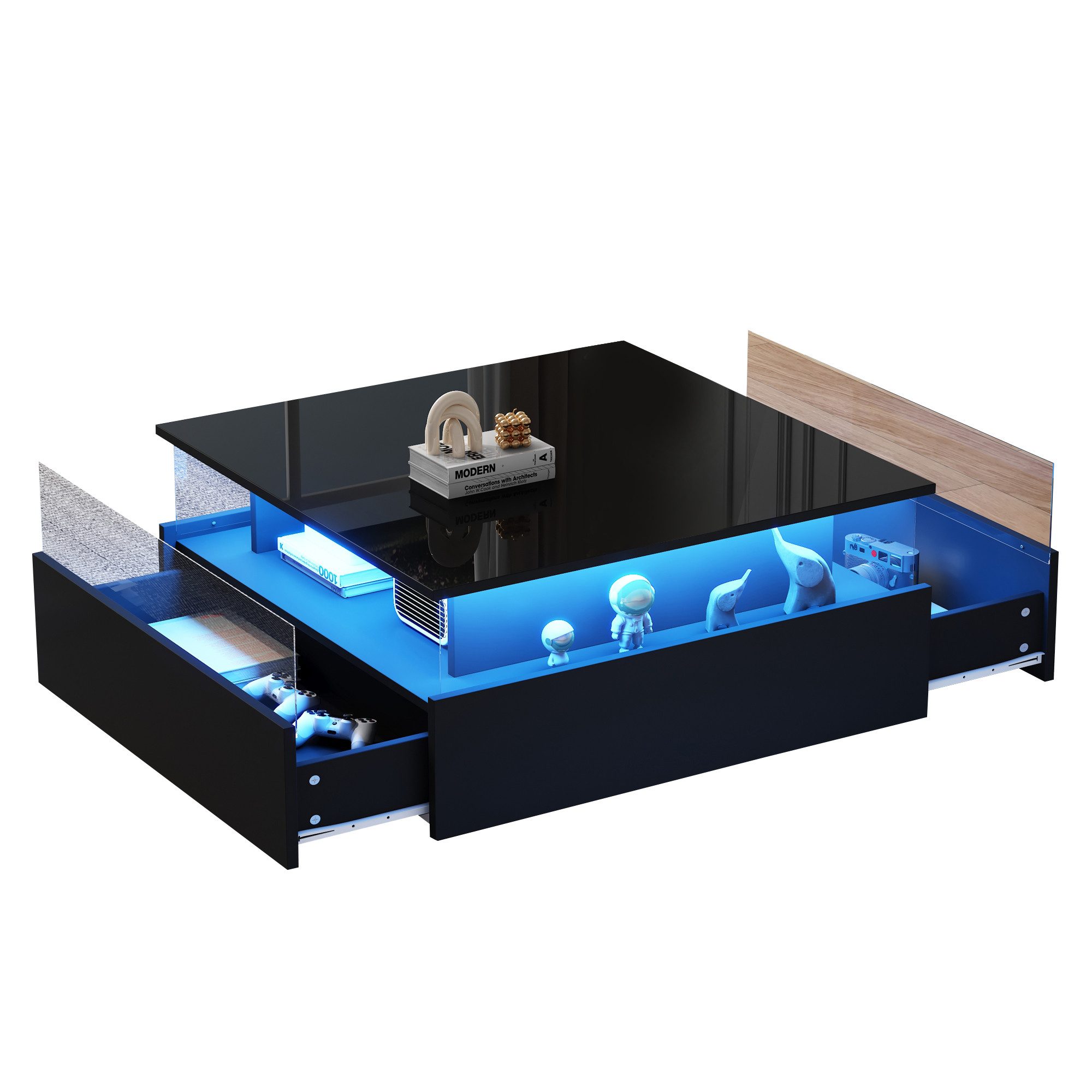 Merax Couchtisch Couchtisch hochglanz Wohnzimmertisch mit LED-Beleuchtung (Beistelltisch, Sofatisch, Kaffeetisch, L70/B70/H41 cm), Sofatisch mit 2 Schublade, großen Stauraum,Glas-Präsentationsbereich