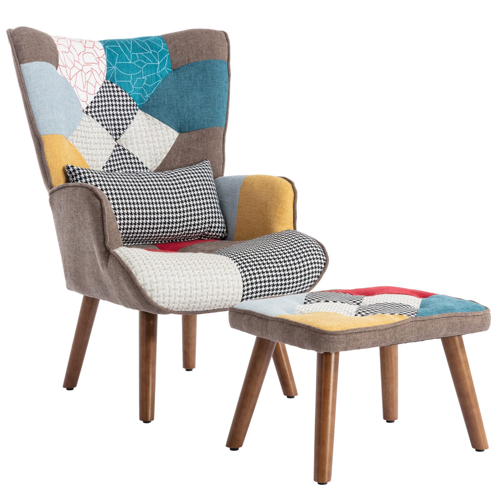 FUROKOY Schaukelstuhl Wohnzimmersessel Freizeitstühle Relaxsessel Mit Holzkufen, Mehrfarbiger Patchwork-Sessel mit Fußhocker