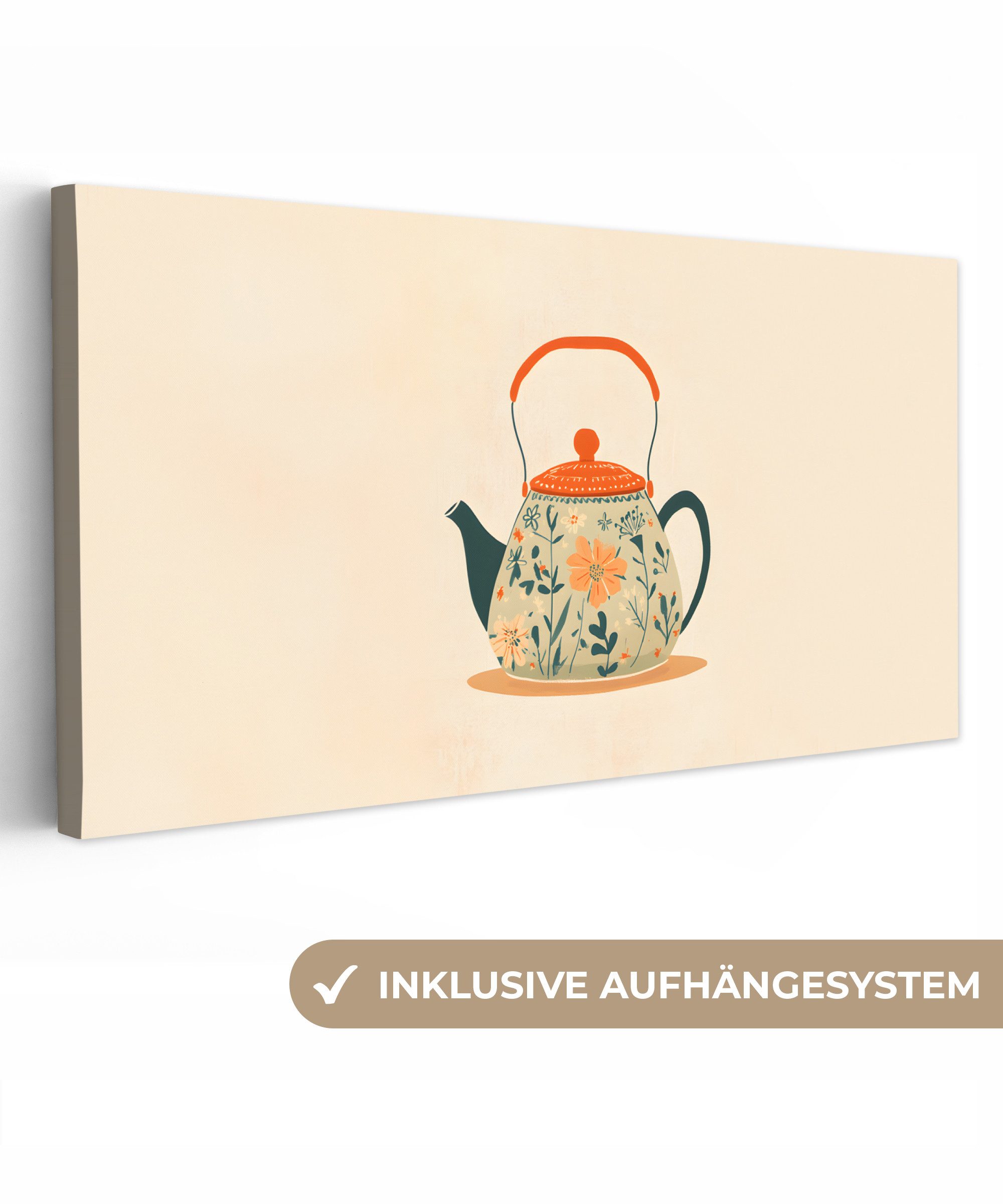 OneMillionCanvasses® Leinwandbild Panorama Orange - Teekanne - Blumen - Blä günstig online kaufen