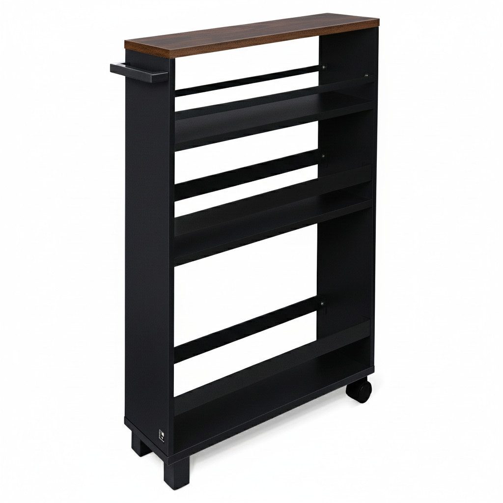 bomoe Küchenwagen Nischenregal 15cm breit Hylla, 79x50cm, Braun Schwarz, Küchenwagen Küchenregal Schmal – Rollwagen 3 Fächer & Arbeitsplatz