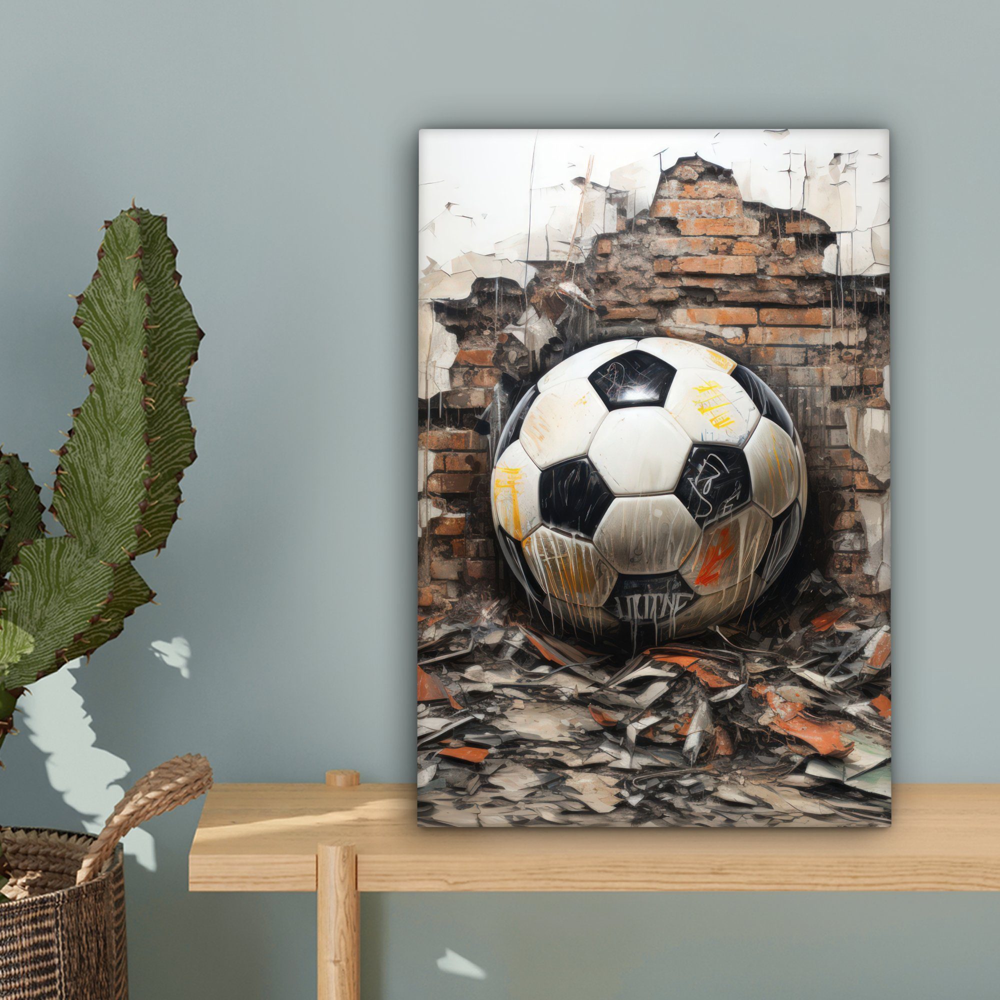 Zackenaufhänger, St), Wand fertig - Leinwandbild Gemälde, Leinwandbild - Weiß, inkl. OneMillionCanvasses® Fußball - Schwarz 20x30 bespannt cm (1