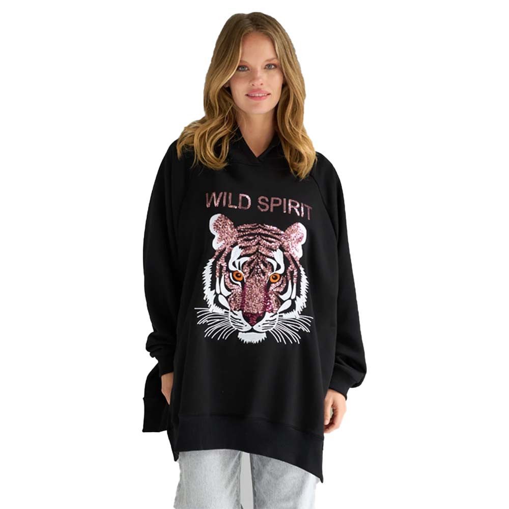 Miss Goodlife Hoodie Oversized Hoodie mit Tiger-Pailletten MG12751 – Schwarz