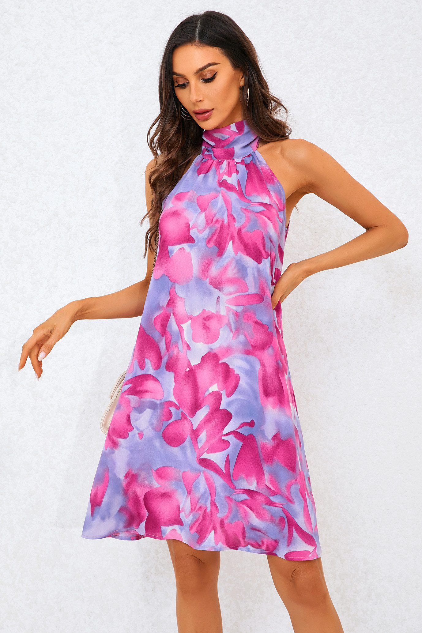 Neckholderkleid Neckholderkleid Minikleid Sommerkleid mit abstraktem Blumenmuster