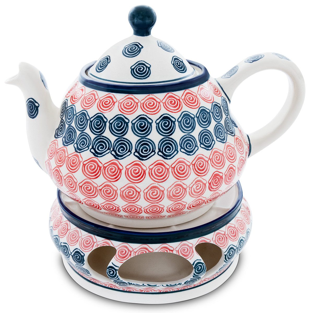 Bunzlauer Keramik Teekanne 1,5 Liter Teekannen-Set mit Stövchen - große bauchige Form, Dekor 943a, 1,50 l