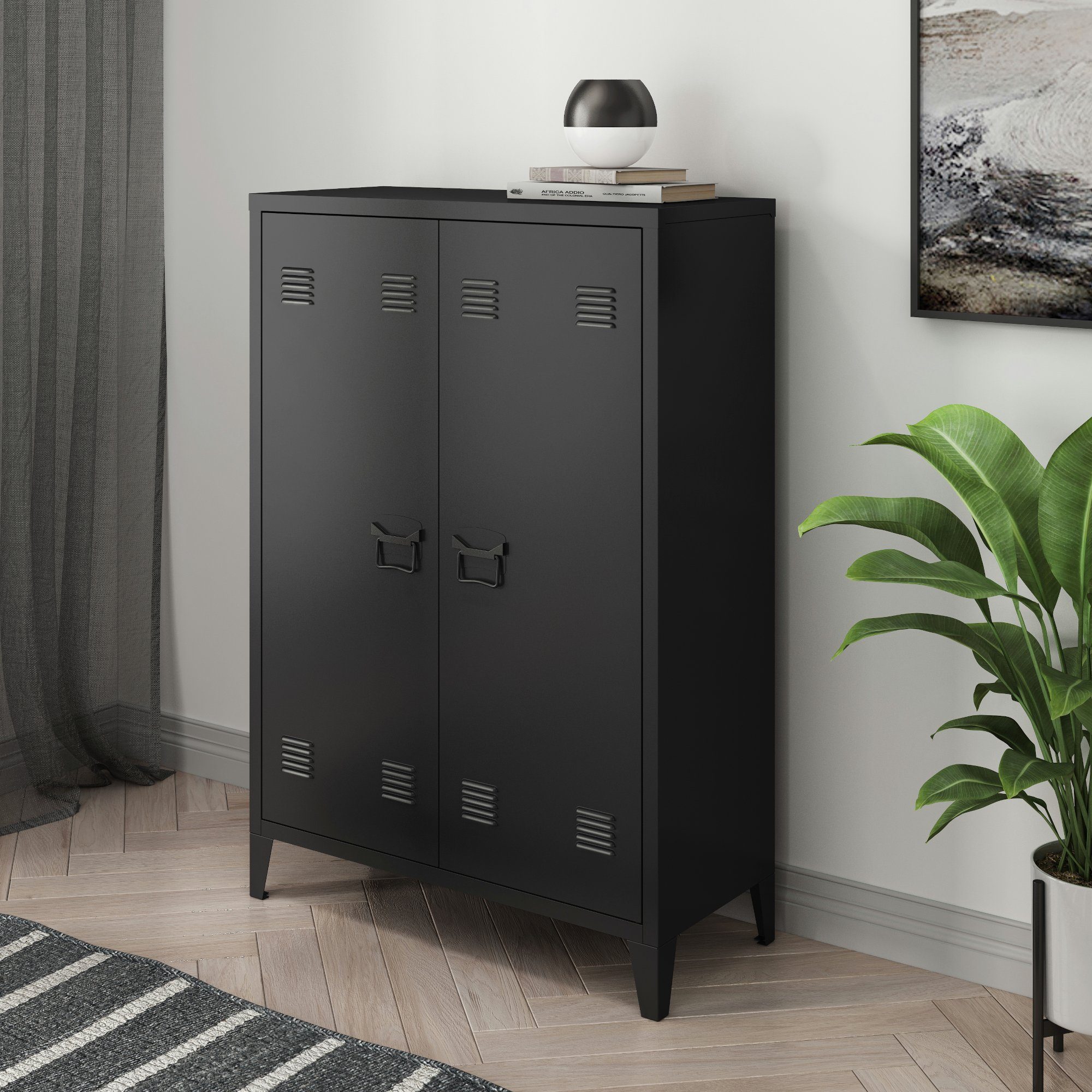 en.casa Aktenschrank Oripää Metallschrank und Türen 110x75x33 2 mit Schwarz Schwarz, cm, Ablagen 2