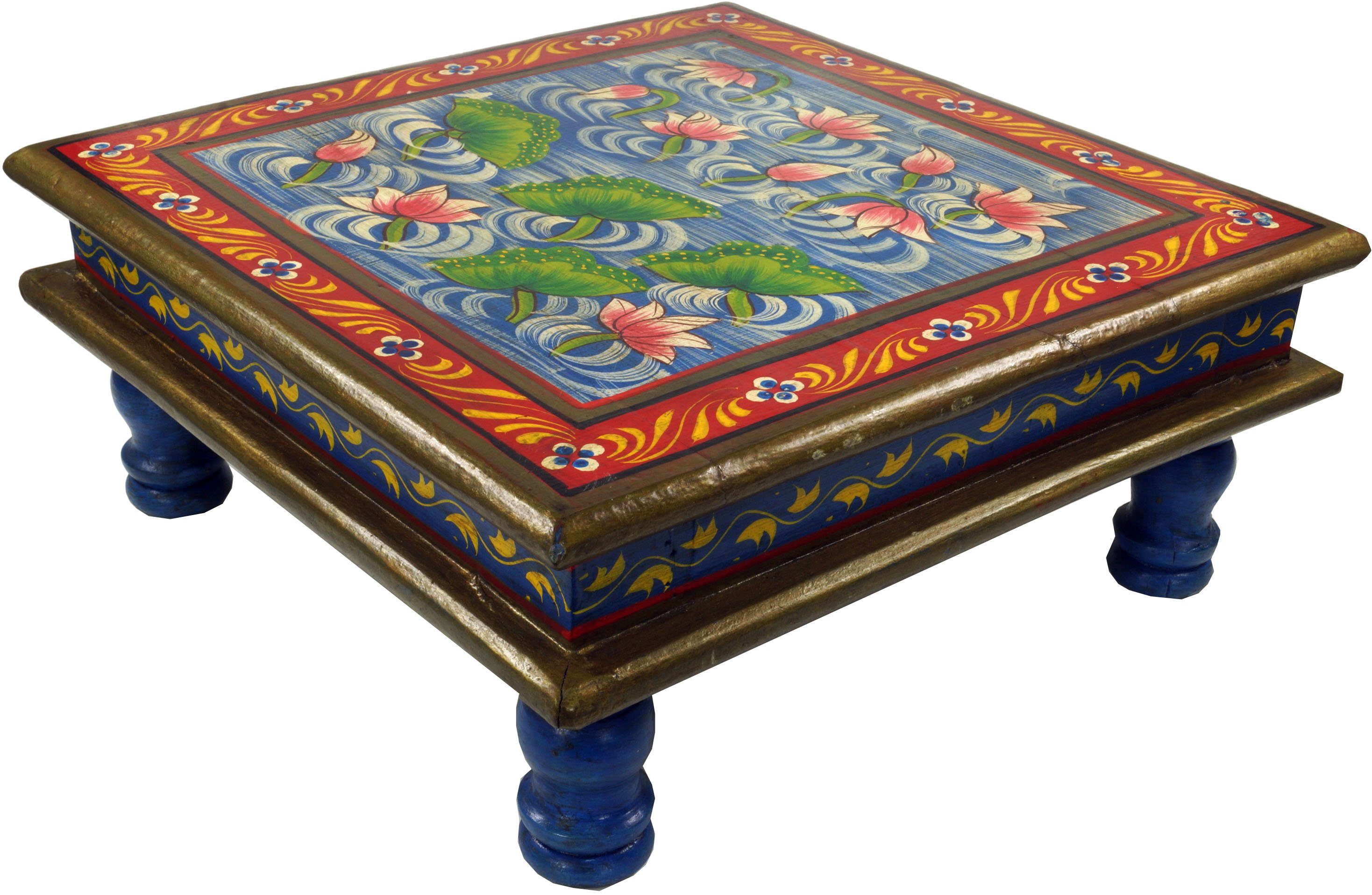 Minitisch, blau/rot kleiner Blumenbank Couchtisch Seerose Tisch, Guru-Shop -.. Bemalter