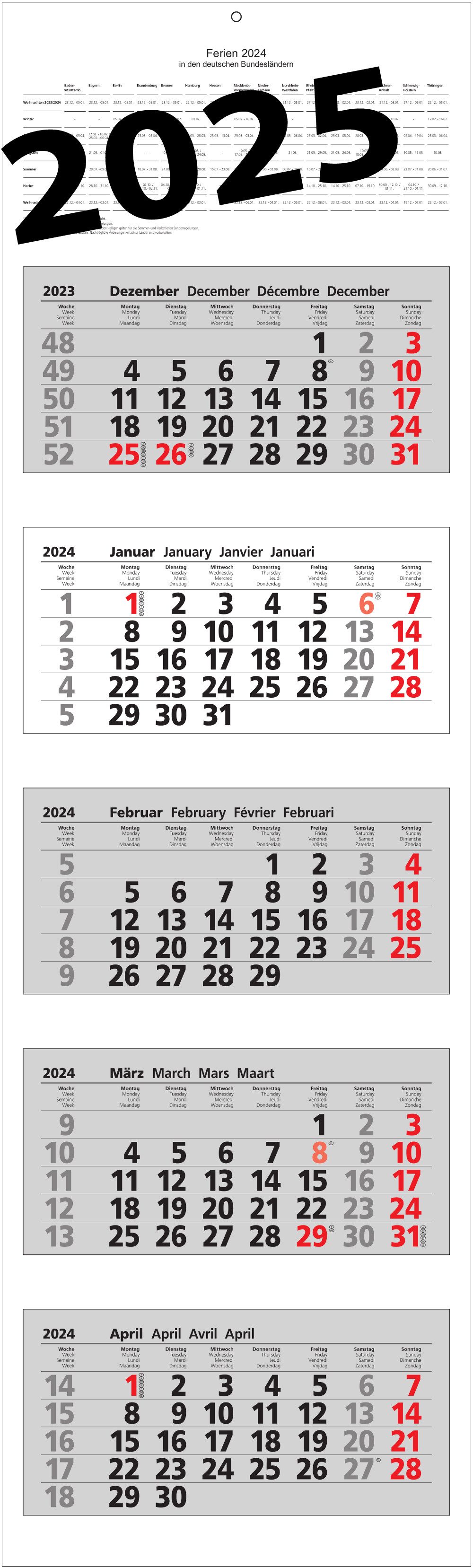 ADINA Schreibtischkalender 2025 ADINA Fünfmonatskalender 110x33cm mit Tagesanzeiger in Blockform