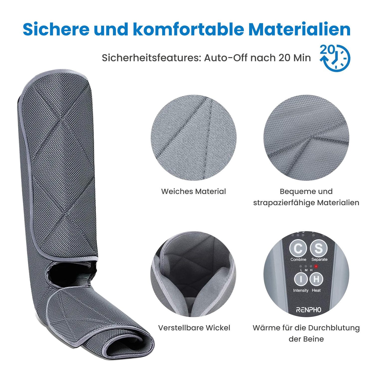 RENPHO Fußmassagegerät Aeria Elementary Thermal, Luftdruck für Beine/Füße, Wärme, 5 Modi, Memory, Fernbedienung