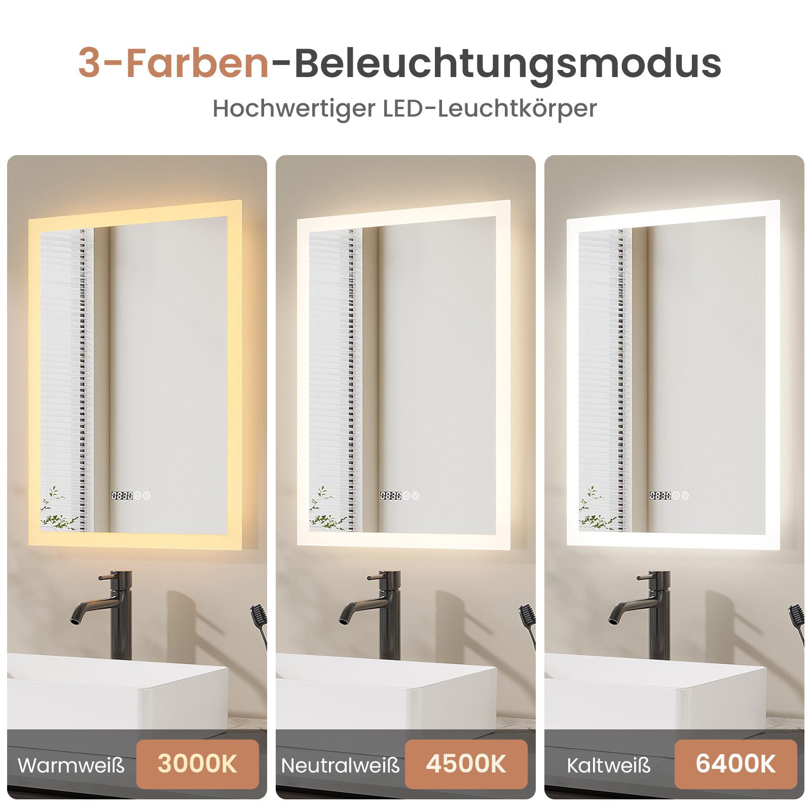 AQUALAVOS Badspiegel LED-Badspiegel 50x70 cm dimmbar Touchsensor Antibeschlag Wandmontage, Mit/ohne Uhr Speicherfunktion Ultraflach Energiesparend Sicher für Ba – Bild 2 von 5