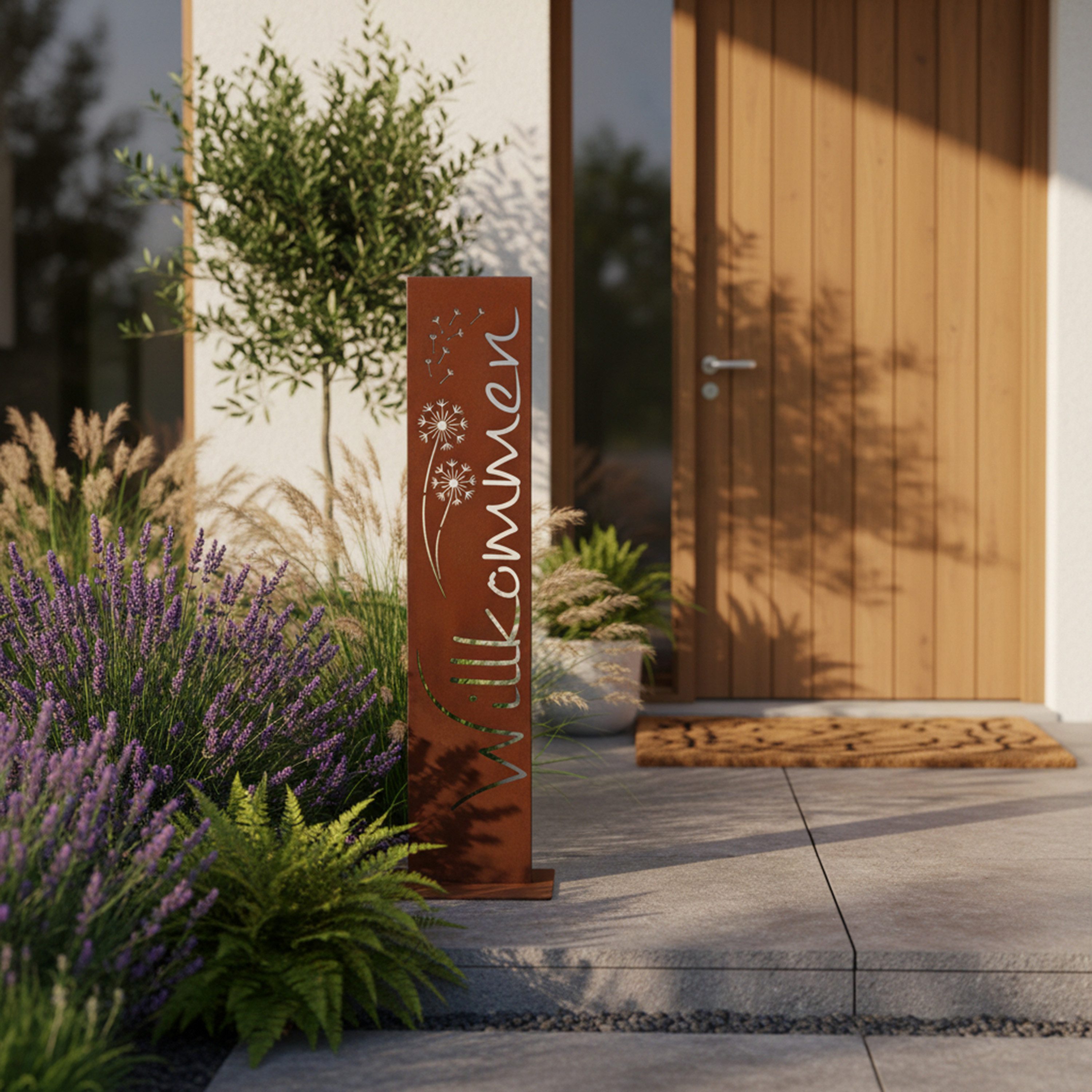 Rostikal Deko-Schriftzug Willkommen Stele Pusteblume Gartendeko Edelrost Cortenstahl, Dekorative Metallstele mit feinem Motiv, Gartenbereich & Eingangszone – Bild 5 von 5