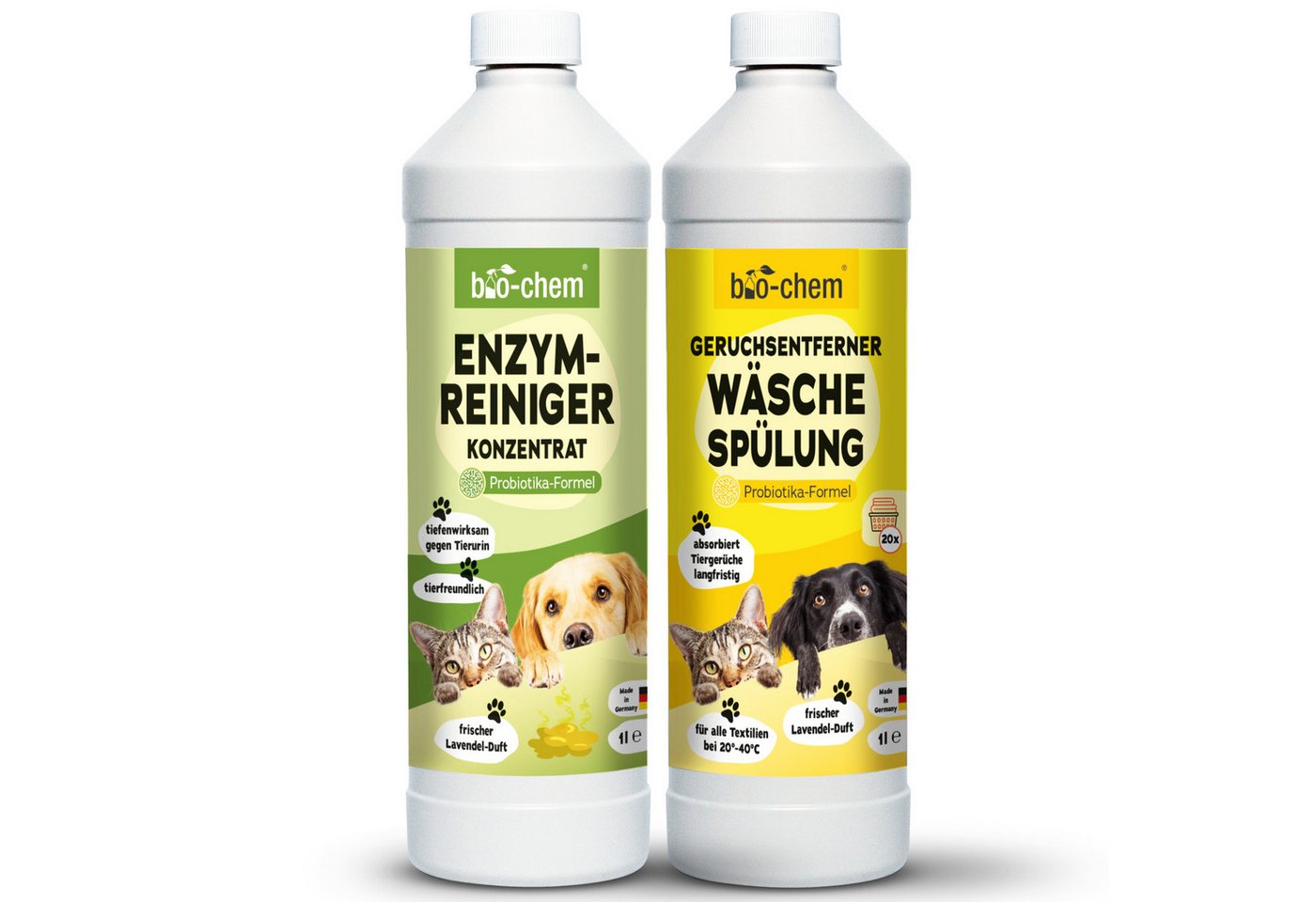 bio-chem Geruchsentferner Enzymreiniger 1 L Geruchsentferner gegen Urin, Katzen & Hundeurin (Sparpaket, Enzymreiniger Konzentrat 1 L + Geruchsentferner Wäschespülung 1 L), Probiotisch & tiefenwirksam gegen Tiergeruch