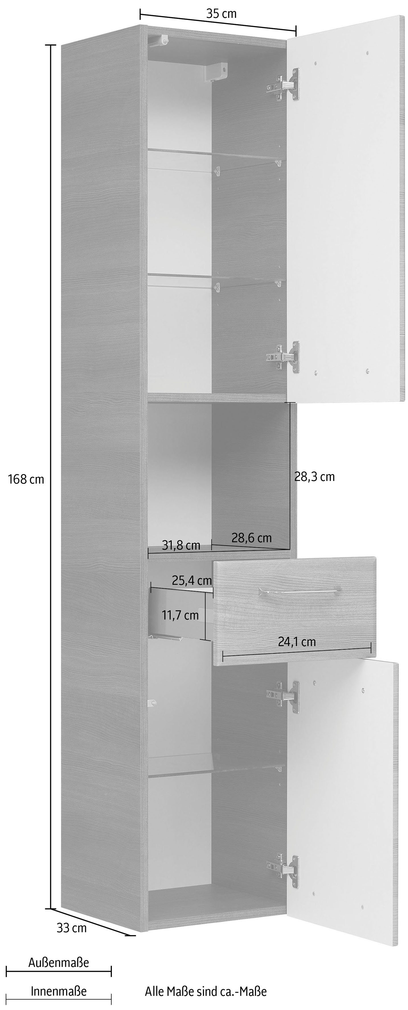 168 Glaseinlegeböden, | Graphit Graphit/Graphit PELIPAL cm, Struktur Höhe Breite 35 Quickset cm, Hochschrank quer Türdämpfer