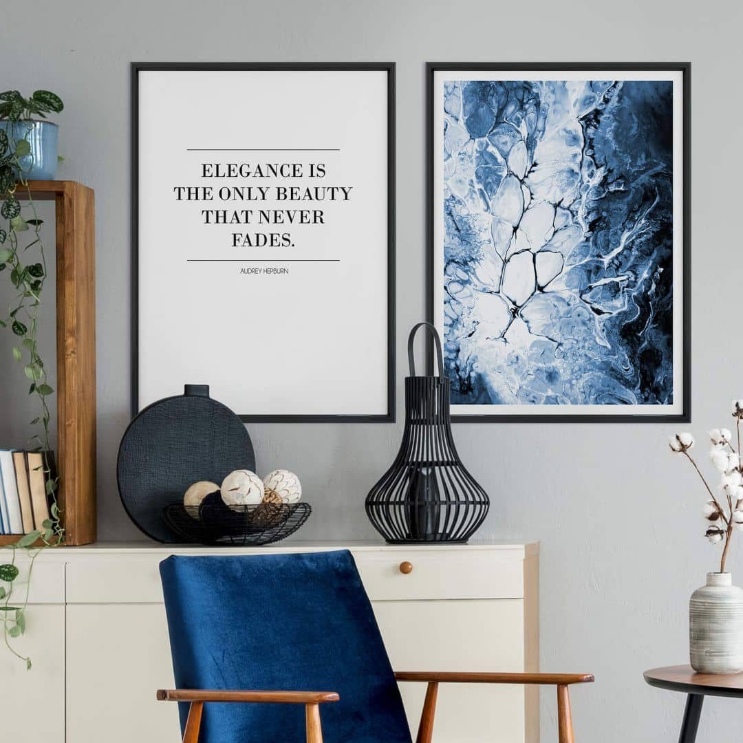 K&L Wall Art Poster Poster Collage + Bilderrahmen Blaue Eleganz Ölbild 2er Set, Wohnzimmer Wandbild modern