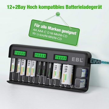 EBL 12+2 Akku Ladegerät-Schnell für AA/AAA/C/D NI-MH/NI-CD Batterie-Ladegerät