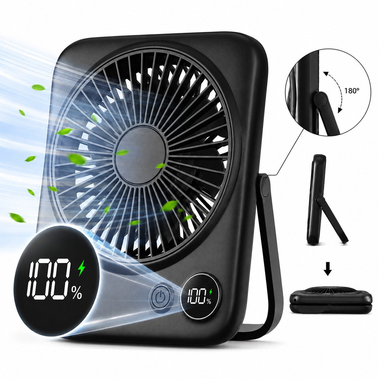 MOPUEA Tischventilator Ventilator Camping Tragbar, Ventilator Tisch mit LED-Display, 180° Klappbarer USB Lüfter Klein für Büro, Schlafzimmer, Reisen