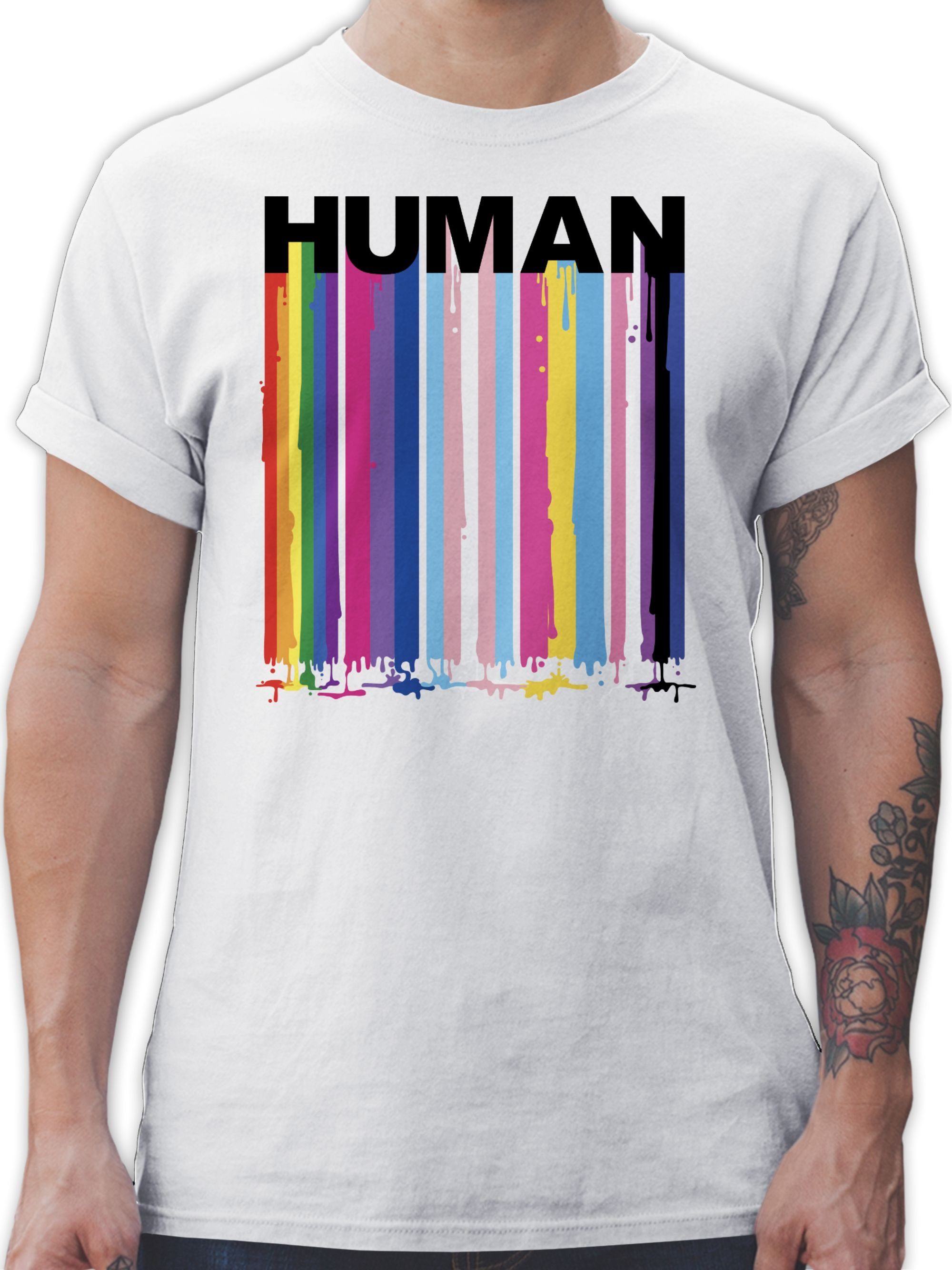 Shirtracer T-Shirt HUMAN Blockschrift Regenbogen Farben Tropfen LGBT Kleidung 1 Weiß