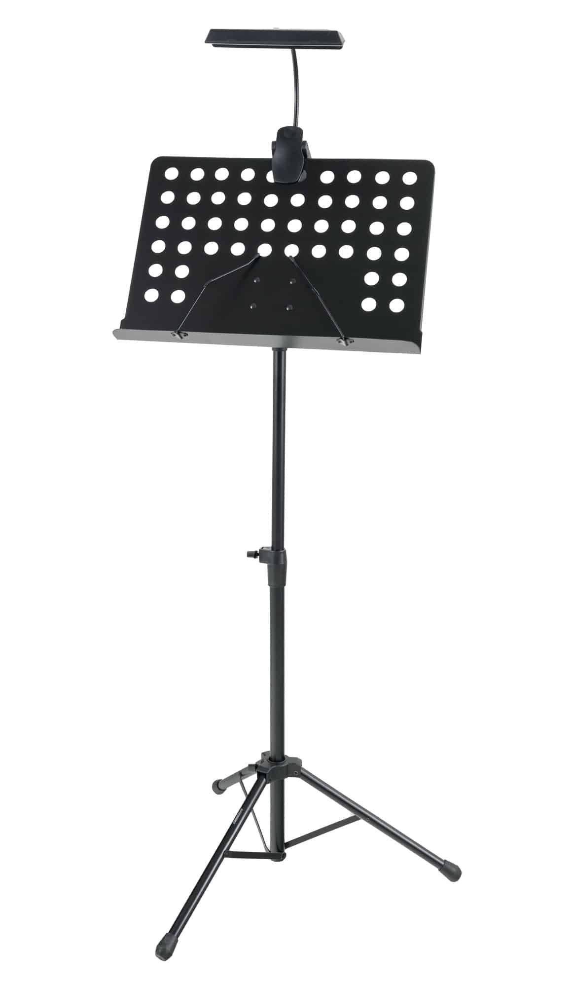 McGrey Notenpult Orchesterpult Lochblech Ständer Deluxe Notenständer mit Notenklemmen, (Spar-Set, 2-tlg., Set mit Premium LED-Leuchte), Abnehmbare Lochblechablage