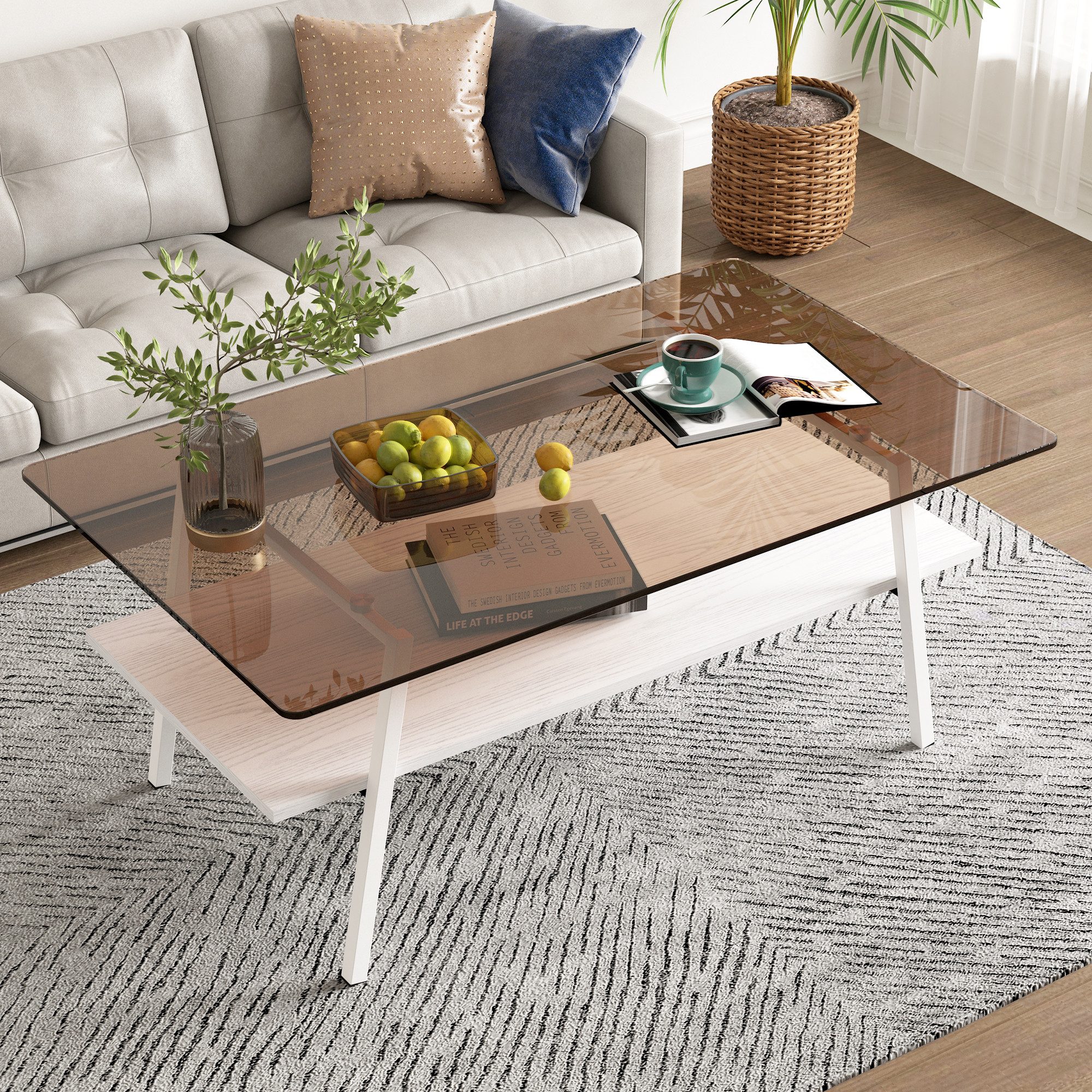 STILVORA Couchtisch aus gehärtetem Glas rechteckiger Sofatisch mit Metallbeine Weiß&braun (Kaffetisch in Modernität und minimalistischen Stil, Untergestell besteht aus hochwertiger mitteldichter Faserplatte), strapazierfähig und leicht zu reinigen