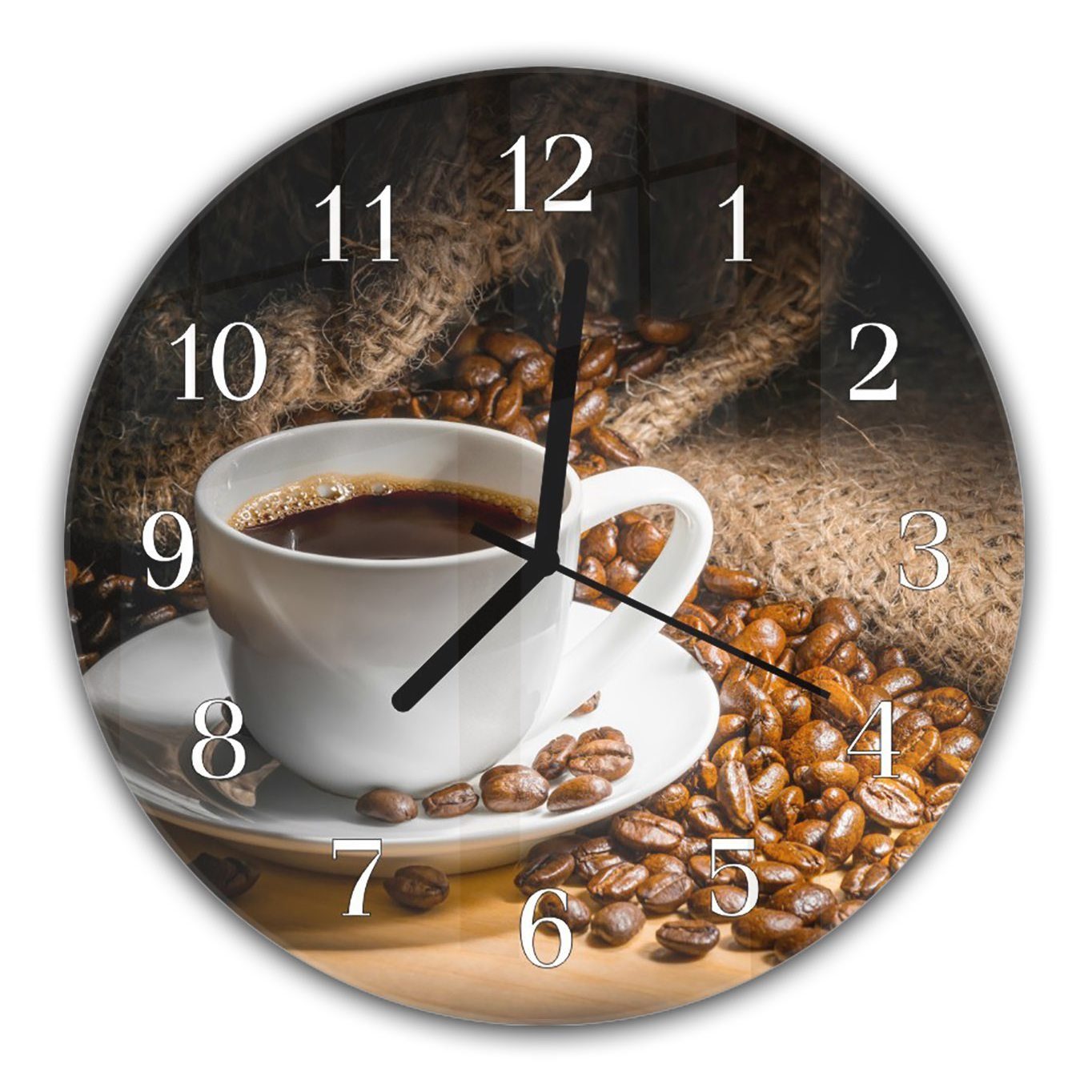Motiv Wanduhr Quarzuhrwerk 30 cm Kaffeetasse Rund mit Glas Durchmesser Kaffeebohnen - aus Primedeco mit Wanduhr und mit