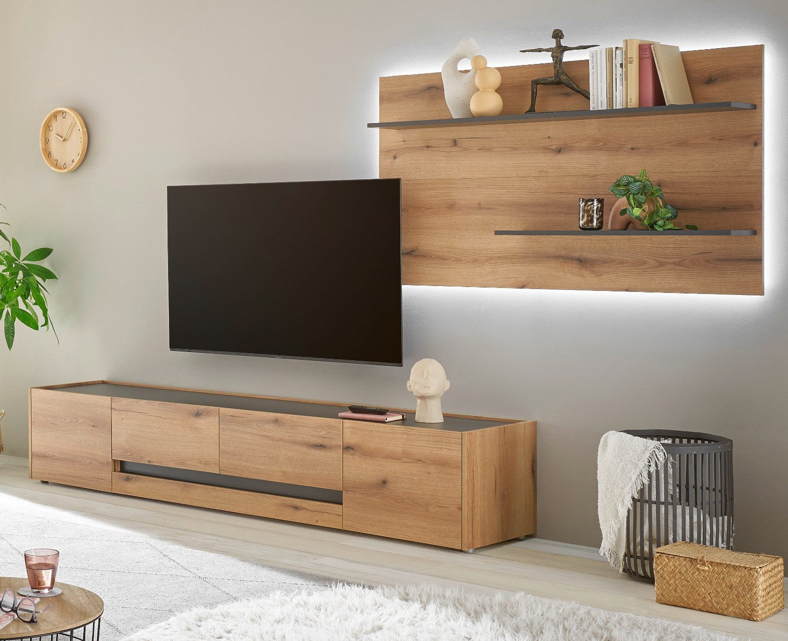 Furn.Design Wohnwand Center, (TV Schrank in Evoke Eiche mit grau, 2-teilig, ca. 300 x 190 cm), mit großem TV-Lowboard