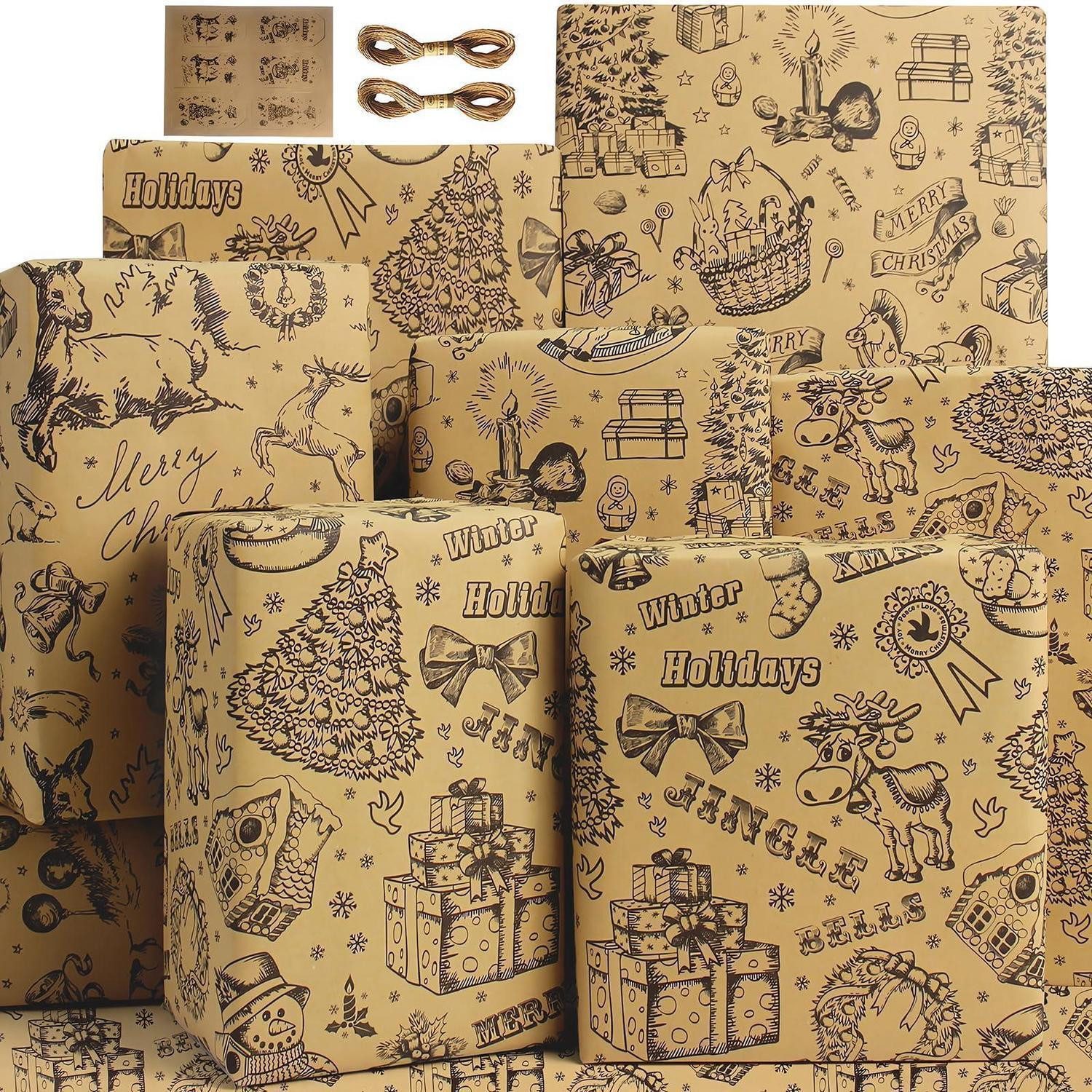 LuxusKollektion Packpapier Geschenkpapier Set Kraftpapier Braun Schwarz Retro 6 Blatt, (6St)