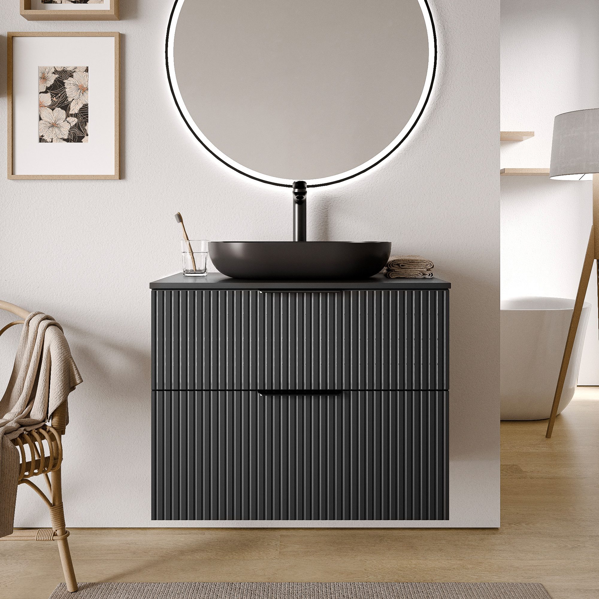 Bernstein Waschbeckenunterschrank TIM 80cm Schwarz matt profiliert Unterschrank Aufsatzbecken Platte Weiß matt Griff Chrom