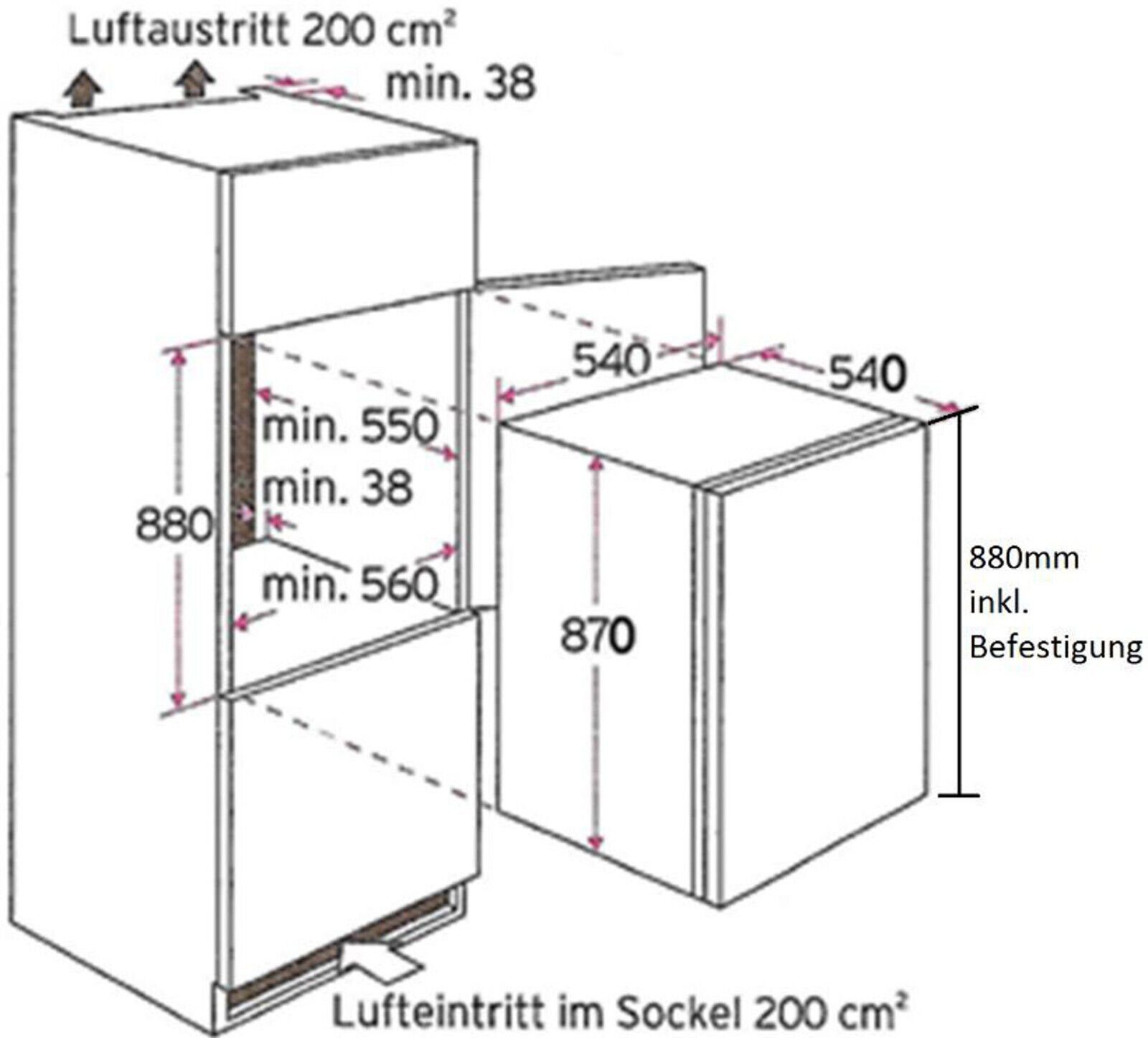 SCHOEPF Einbaukühlschrank KSE410A++, 87 cm hoch, 54 cm breit, Einbaukühlschrank mit Gefrierfach, Schlepptürtechnik