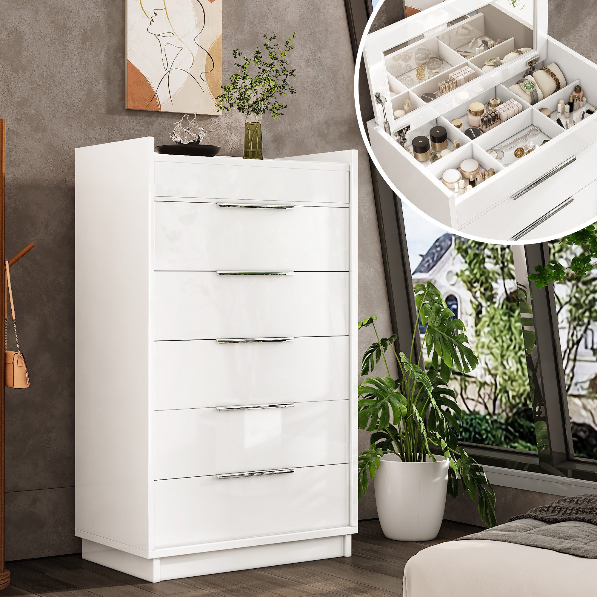 AMERLIFE Kommode 5-Schubladen, Weiß Hochglanz mit Glasplatte, Moderner Schrank (1 St), Integrierter Spiegel, Spiegel, Glasplatte, Hochglanz