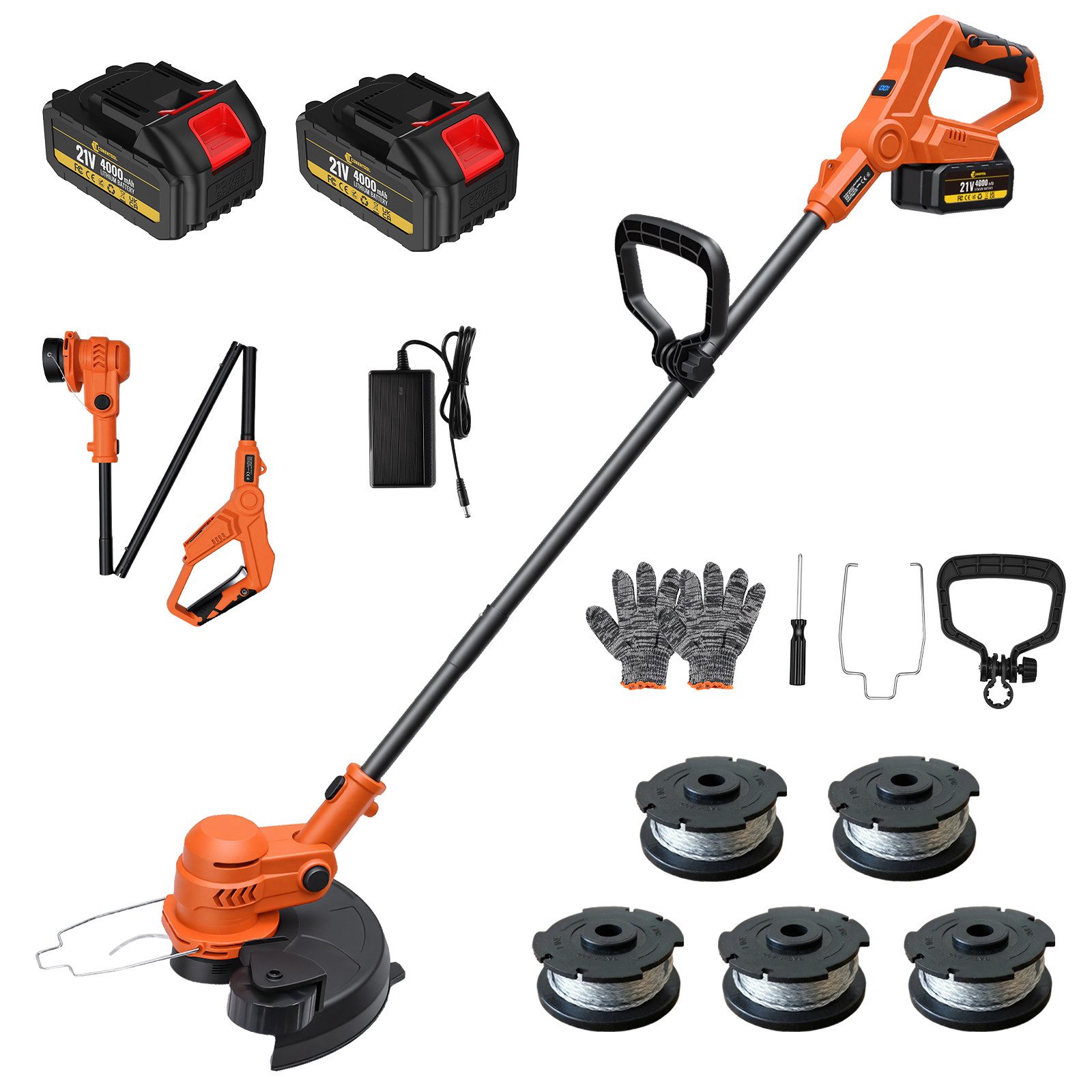 CONENTOOL Akku-Rasentrimmer 30cm Arbeitsbreite, 2-in-1 Kanten-Trimmfunktion, 21V 2×4,0Ah Akku, 30 cm Arbeitsbreite Faden, (inkl. 5 Fadenspulen), LED-Anzeige & Hilfsrad