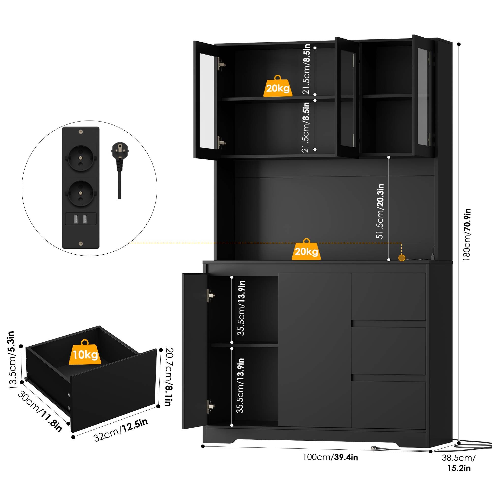 Homfa Küchenbuffet Küchenschrank Buffetschrank mit LED Sideboard schwarz mit Steckdosenleiste & Arbeitsplatte 180x100x38,5cm