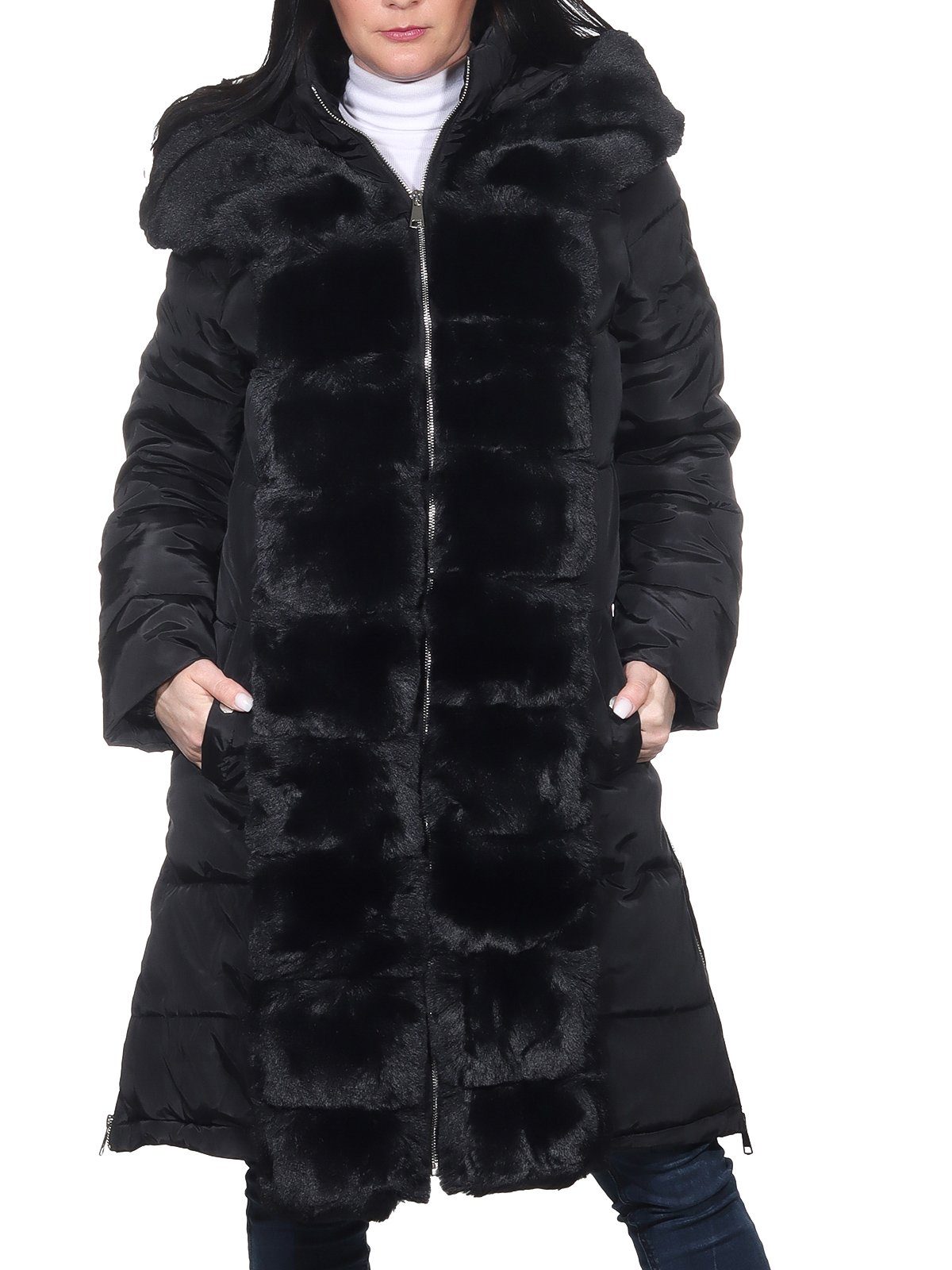 großen Applikationen, Wintermantel Größen Kunstfell Warmer für warme erhältlich Steppmantel Damen Schwarz Aurela Wintermantel Damenmode auch in