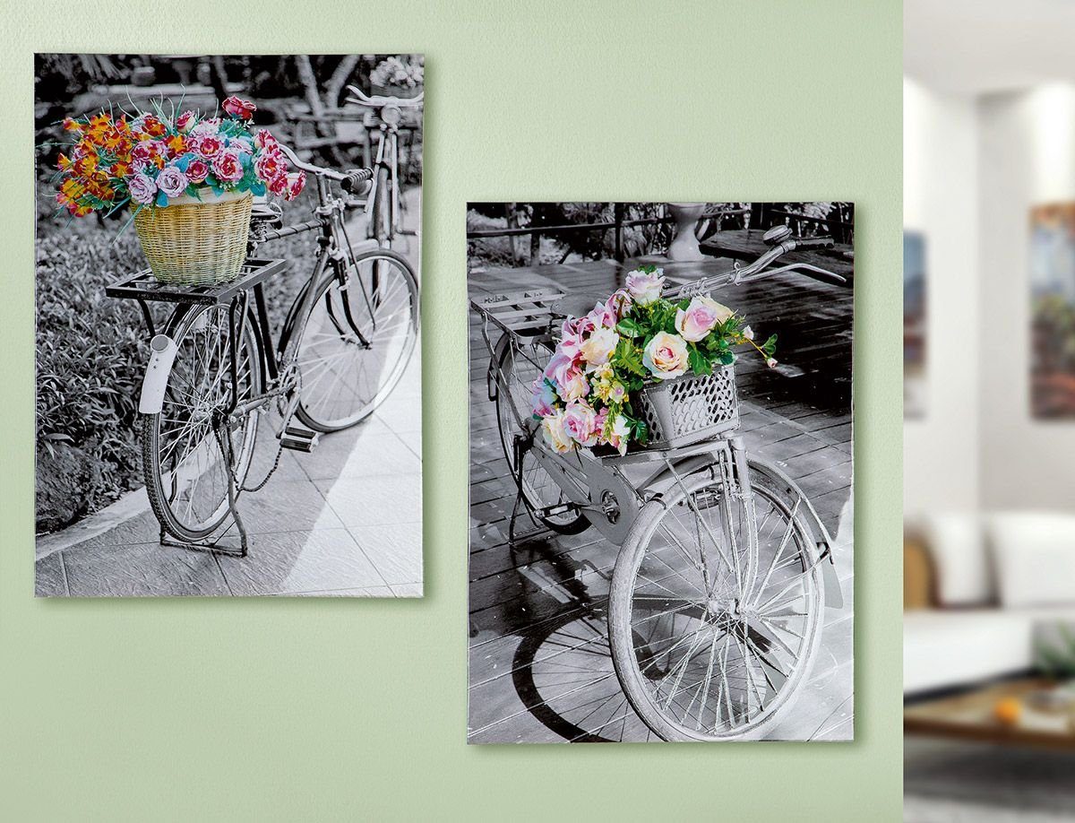 GILDE Dekoobjekt weiß mit Fahrrad Blumen Blumen Set schwarz 2tlg bunten gl Bild Gemälde
