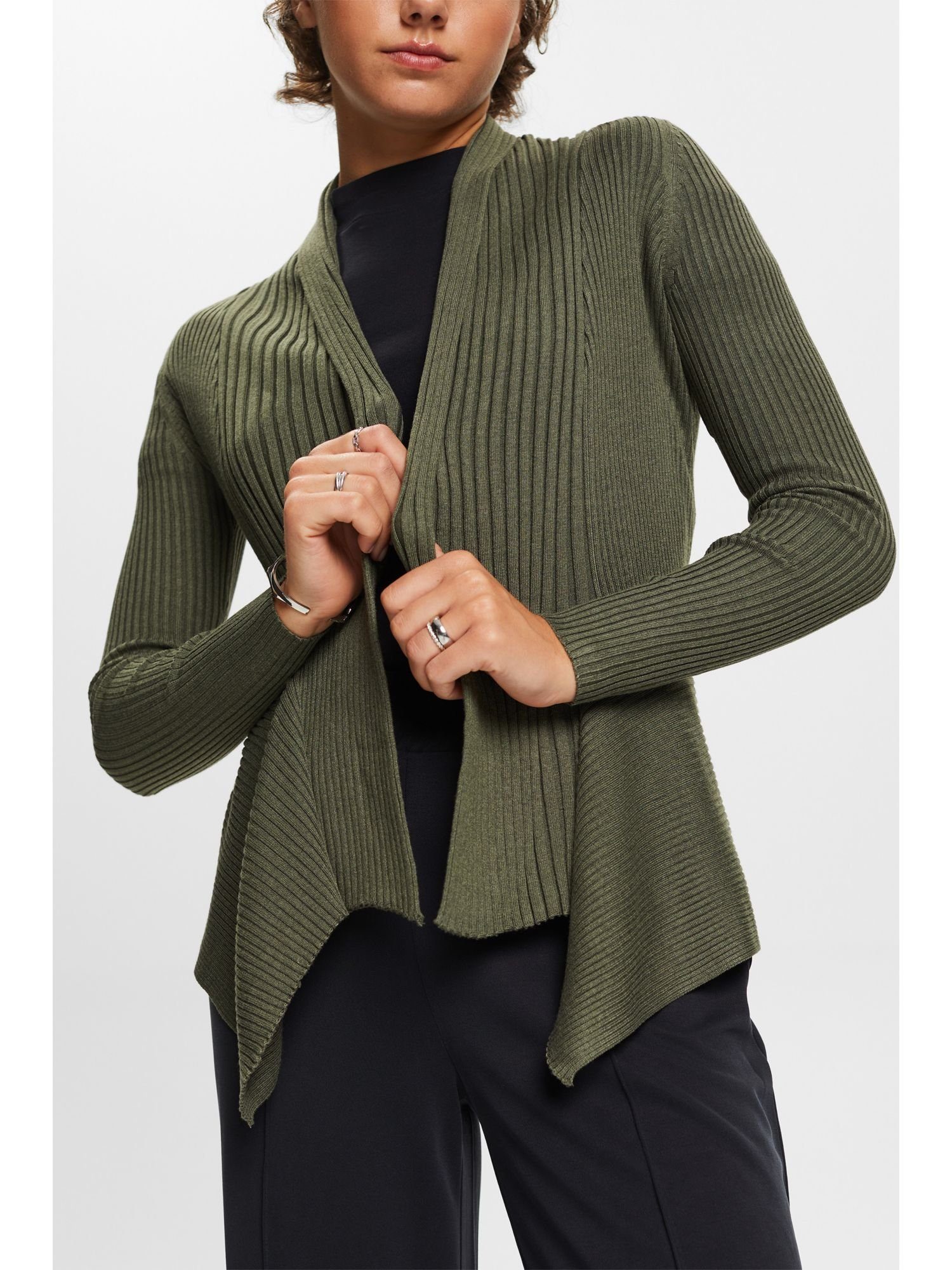 Esprit Strickjacke Gerippter GREEN mit Cardigan Zipfelsaum KHAKI (1-tlg)