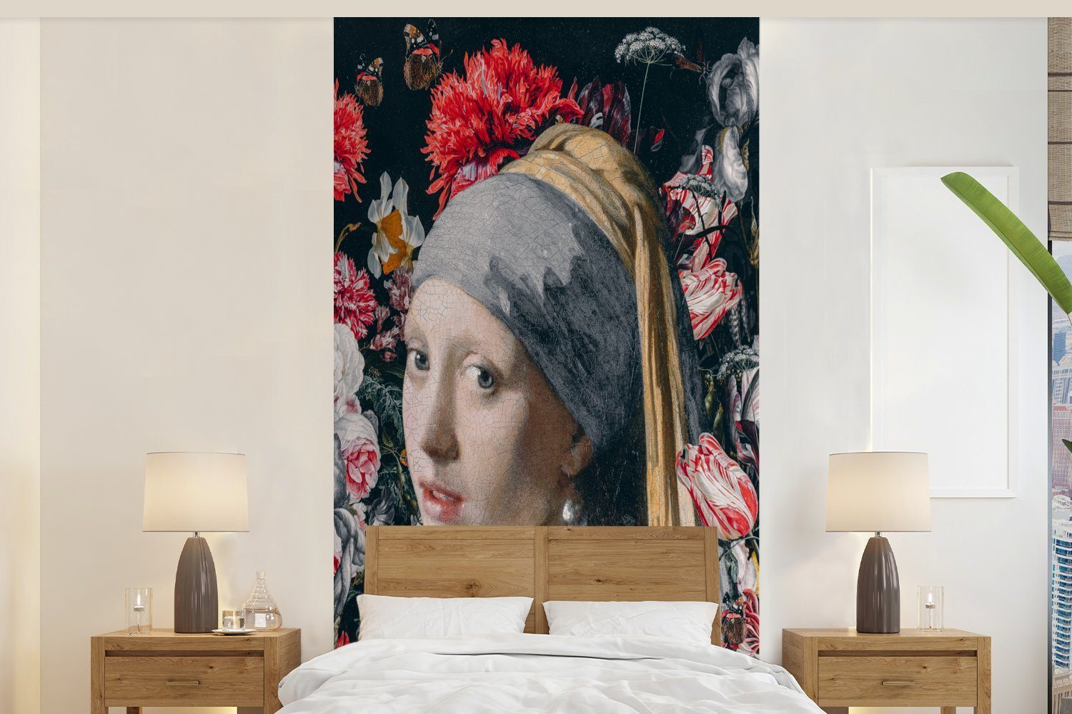 Schlafzimmer Das bedruckt, MuchoWow Mädchen Vermeer, mit Wohnzimmer - - Vliestapete für Perlenohrring Küche, Blumen (2 dem St), Matt, Fototapete Fototapete