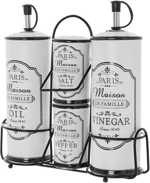 Dekoleidenschaft Menage-Set “Maison” weiß Emaille Optik. Essig & Ölflasche + Pfeffer & Salzstreuer, (5-tlg), in nostalgischem Design