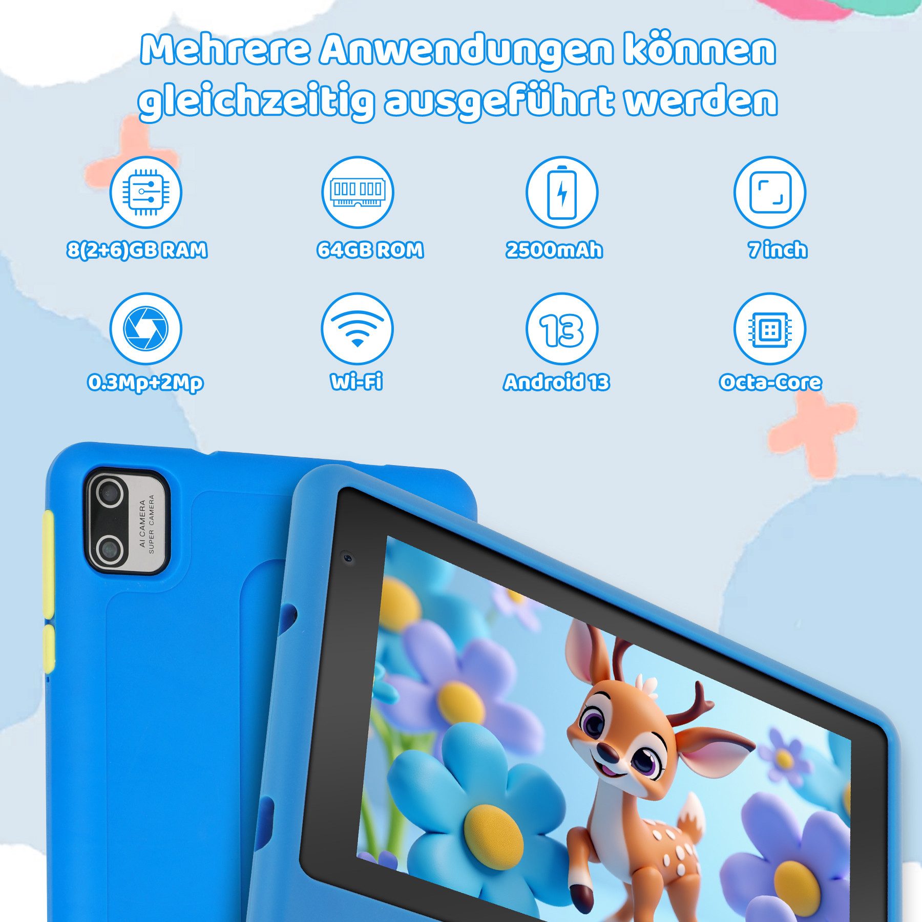 BUFO 7 Zoll 8(2+6)GB+64GB, Wi-Fi, Bluetooth, 1024 x 600 HD-Display, Kinder Tablet (7", 64 GB, Android, WiFi, Dual-Kamera, Kindersicherung, Augenschonendes IPS)
