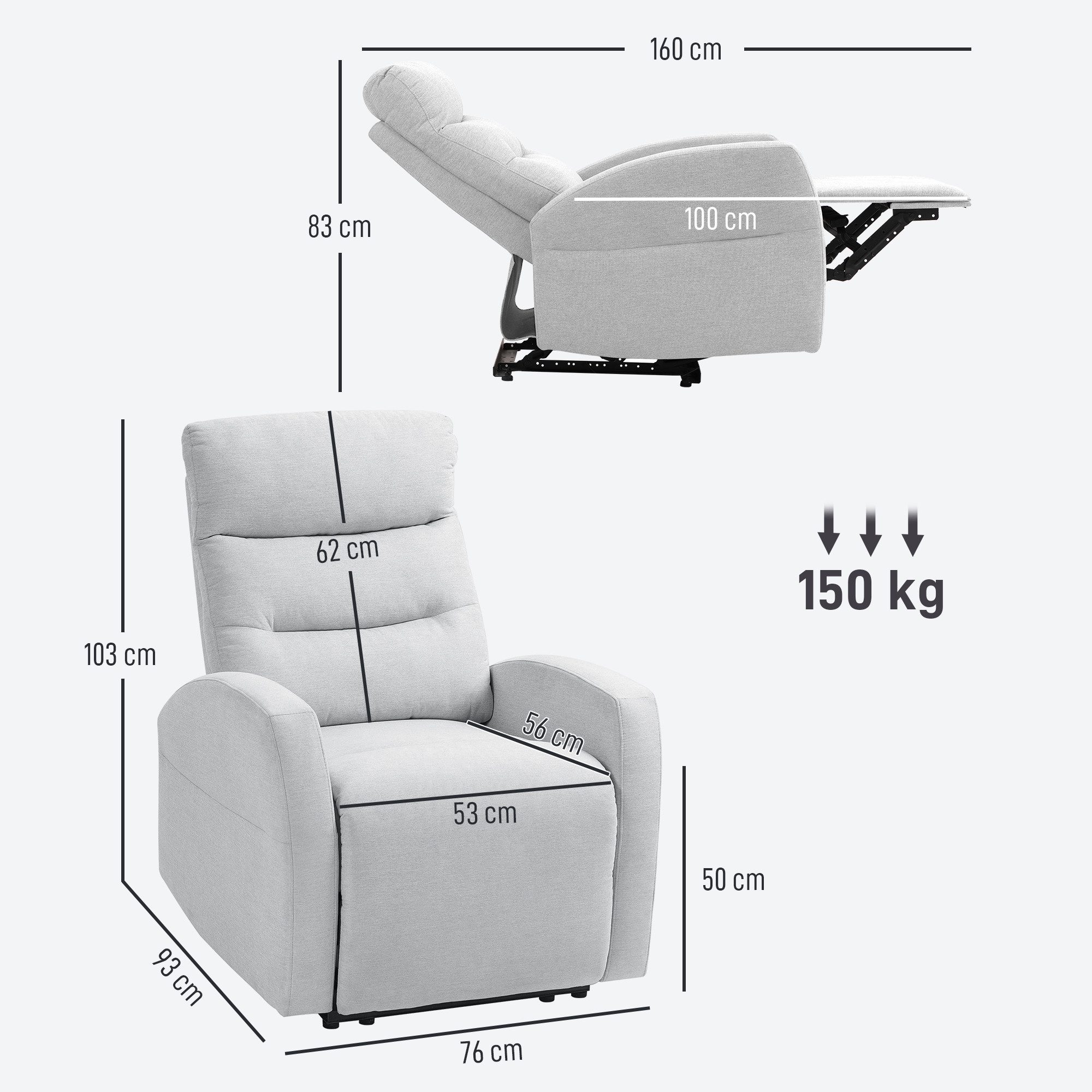 HOMCOM Relaxsessel Fernsehsessel, TV-Sessel mit Fußteil, Leinenoptik, bis 150 kg (moderner Polstersessel, 1-St., Verstellbarer Relaxsessel mit Fußstütze), für Wohnzimmer, Schlafzimmer, Hellgrau