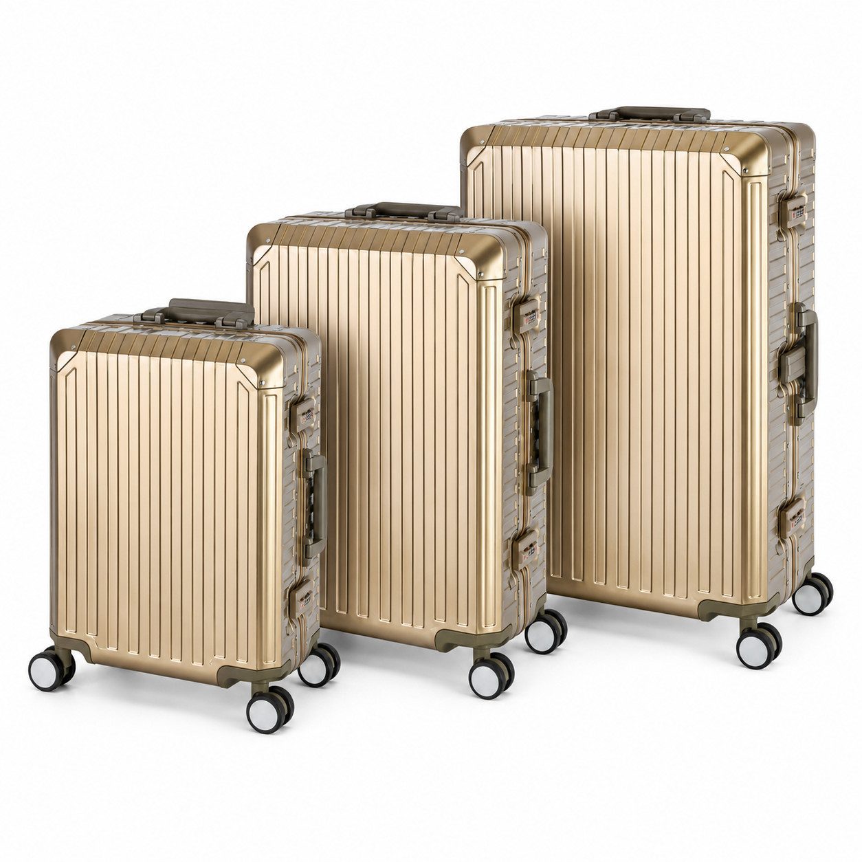 Travelhouse Kofferset mit stabilem Aluminium-Gehäuse, mit verstärkten Ecken, 4 Rollen, (3 tlg., S+M+XL), mit stabilem Aluminium-Gehäuse, mit verstärkten Ecken